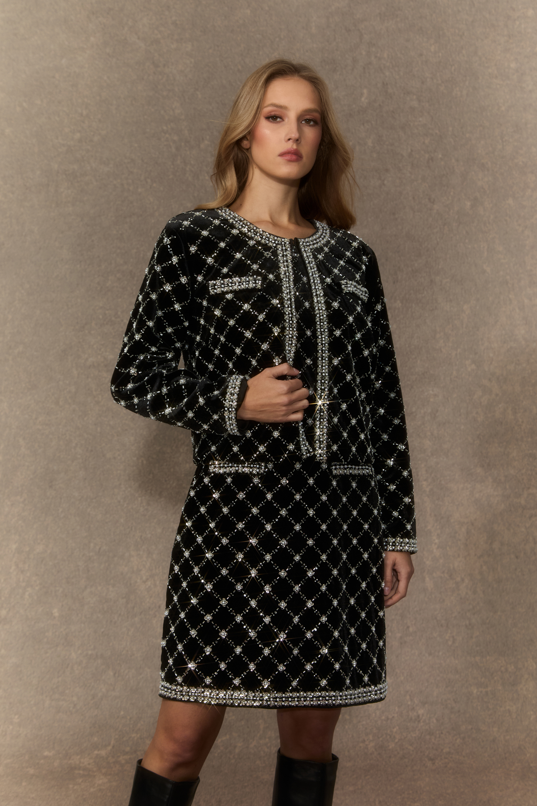 Graceful Finesse Black Beaded Embellished Grid Jacket