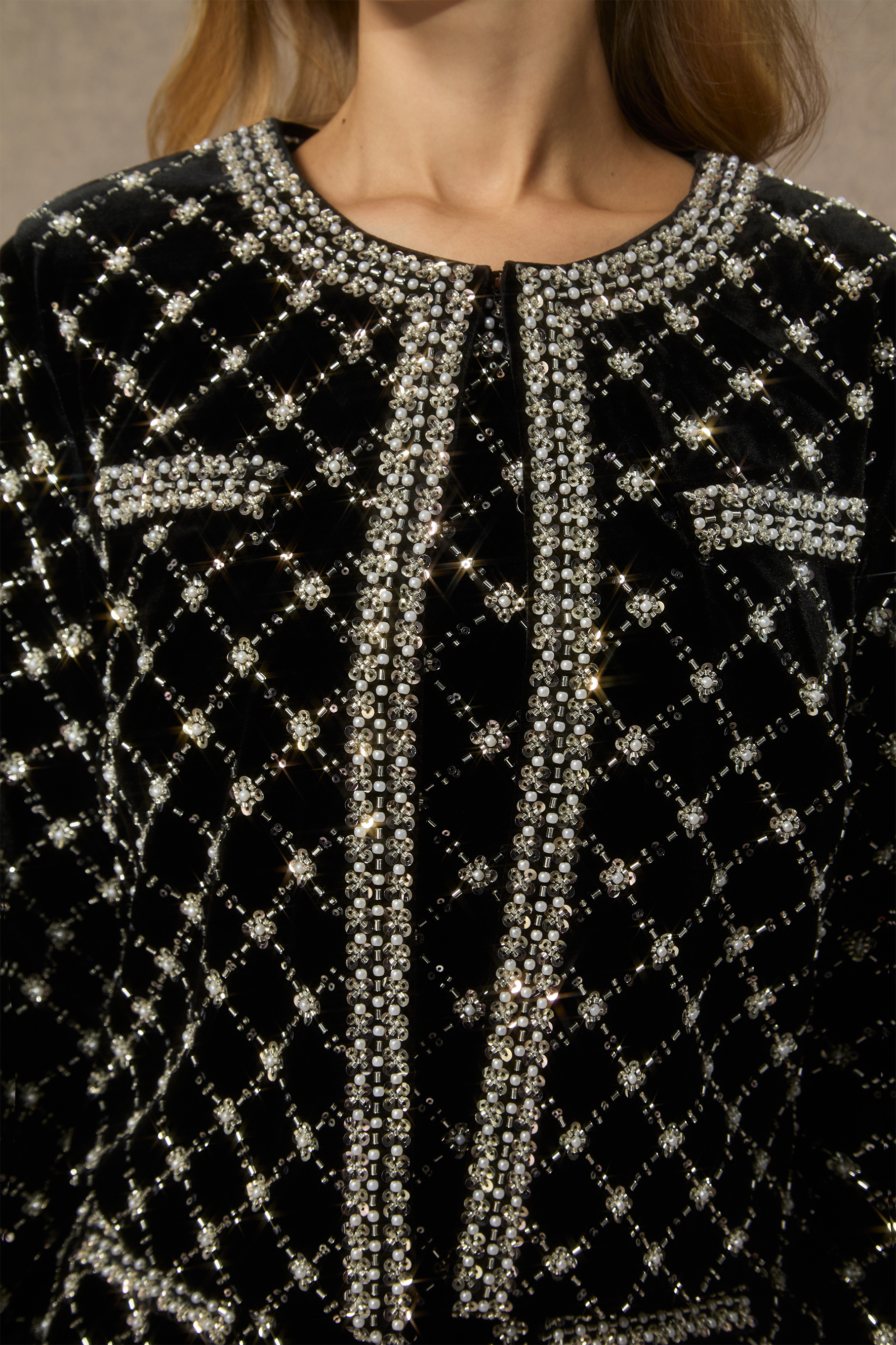 Graceful Finesse Black Beaded Embellished Grid Jacket