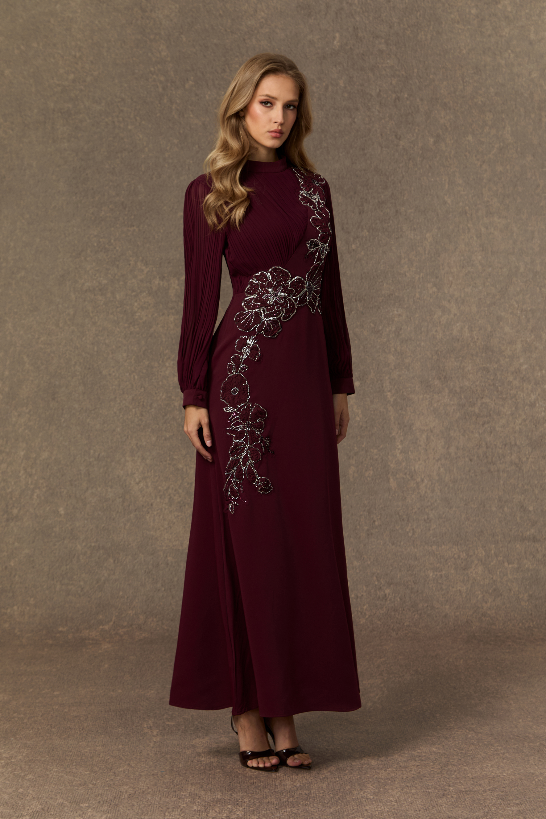 Joyful Poise Burgundy Sequin Embroidered Floral Maxi Dress