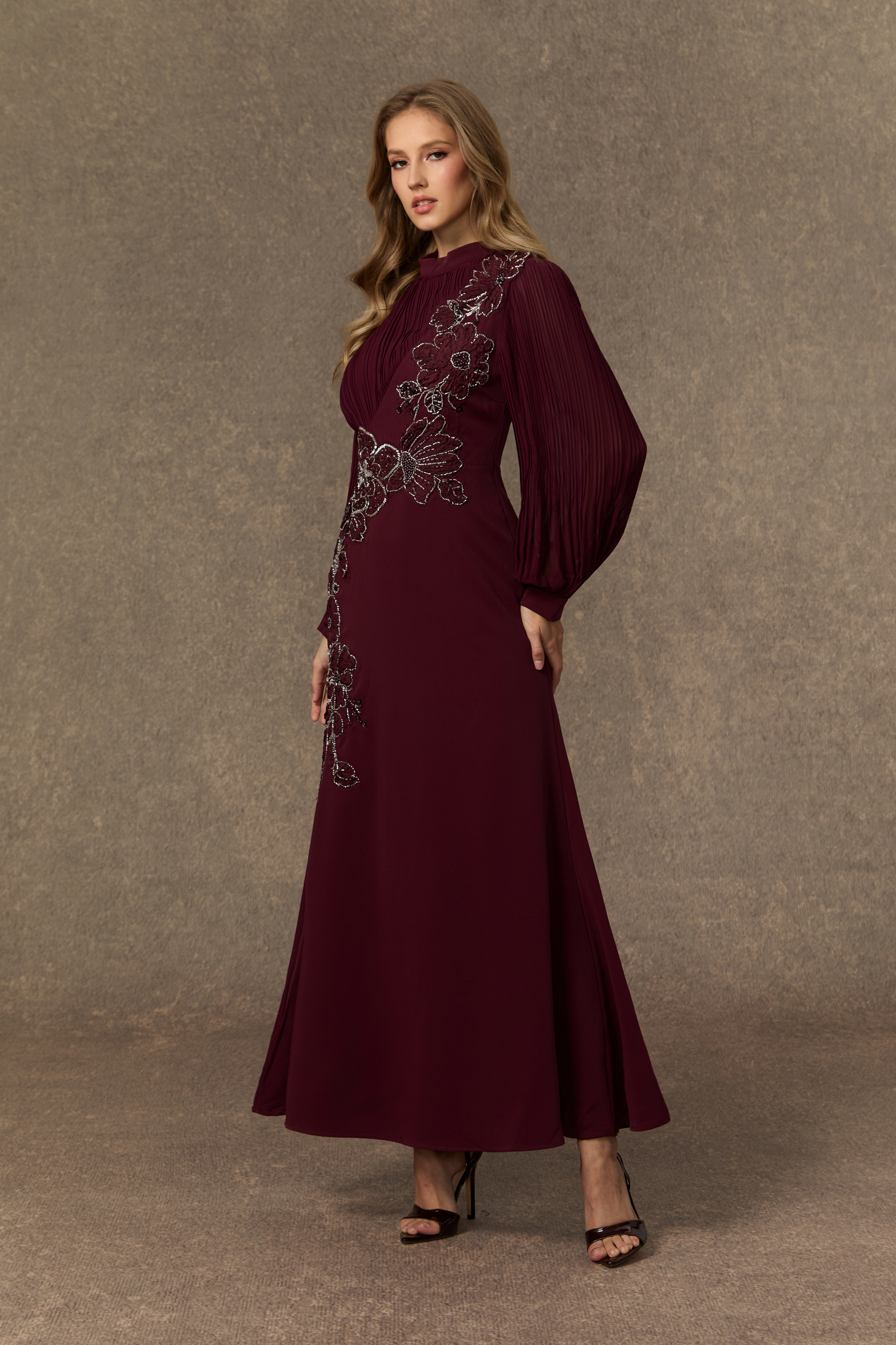Joyful Poise Burgundy Sequin Embroidered Floral Maxi Dress