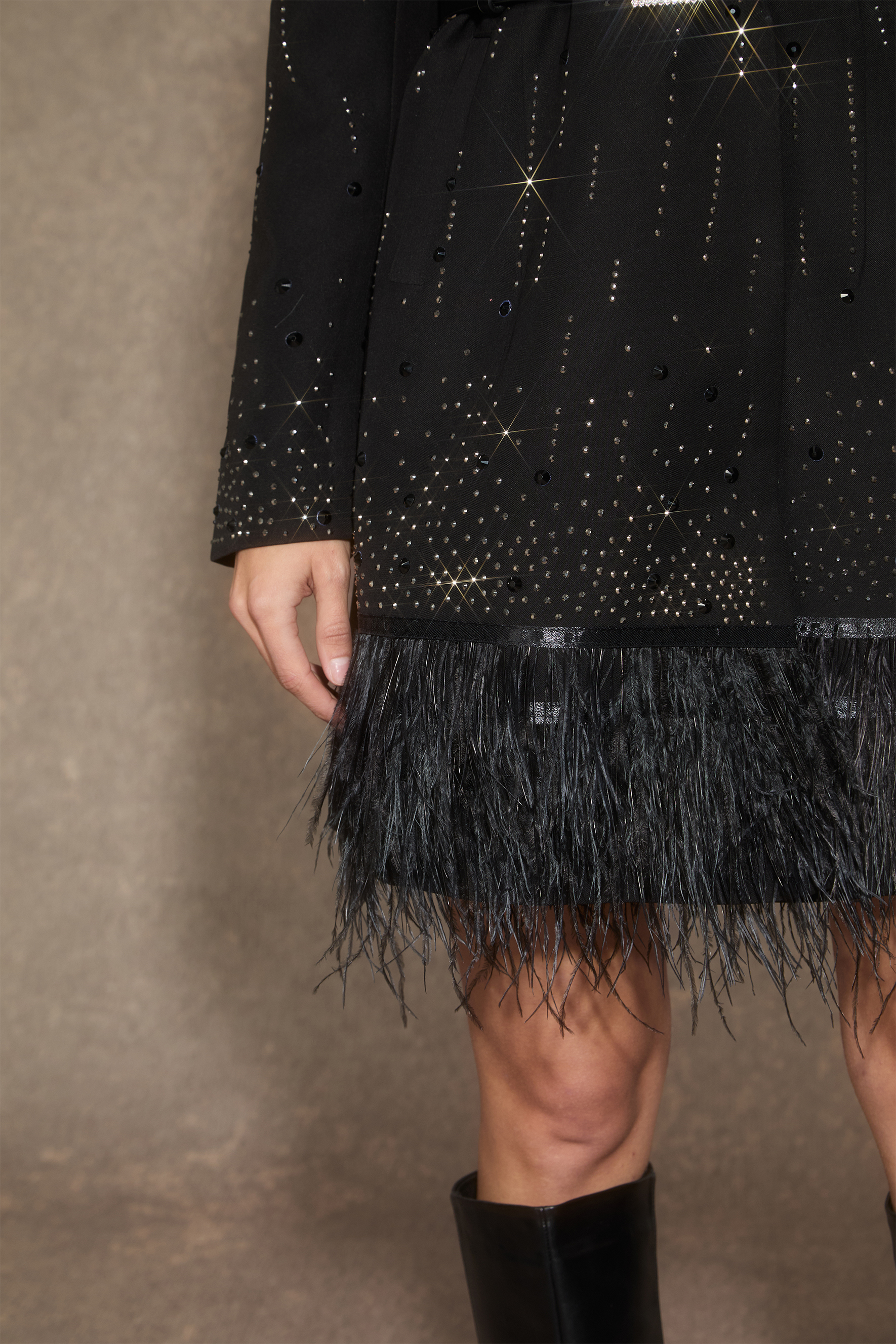 Luxe Collection Black Rhinestone Feather Hem Blazer Mini Dress