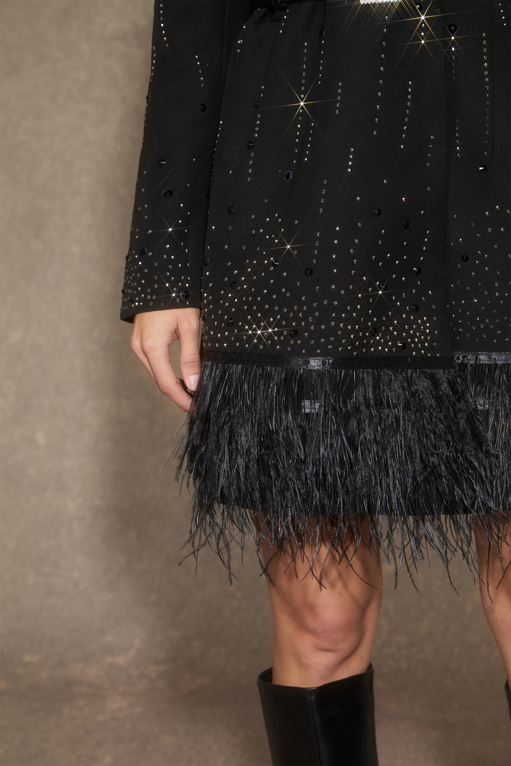 Luxe Collection Black Rhinestone Feather Hem Blazer Mini Dress