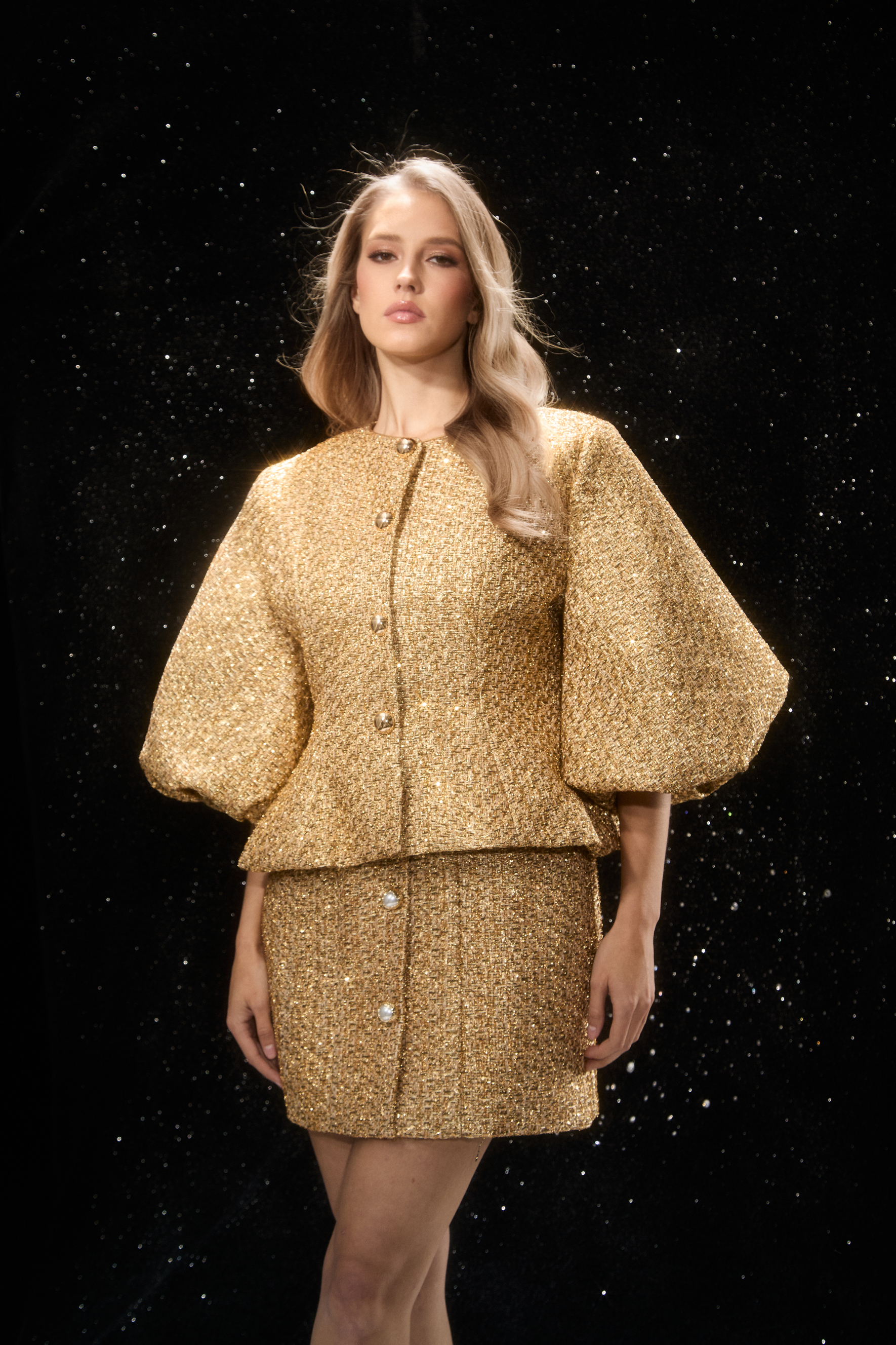 Shimmer District Gold Metallic Puff Sleeve Tweed Jacket – sunfere