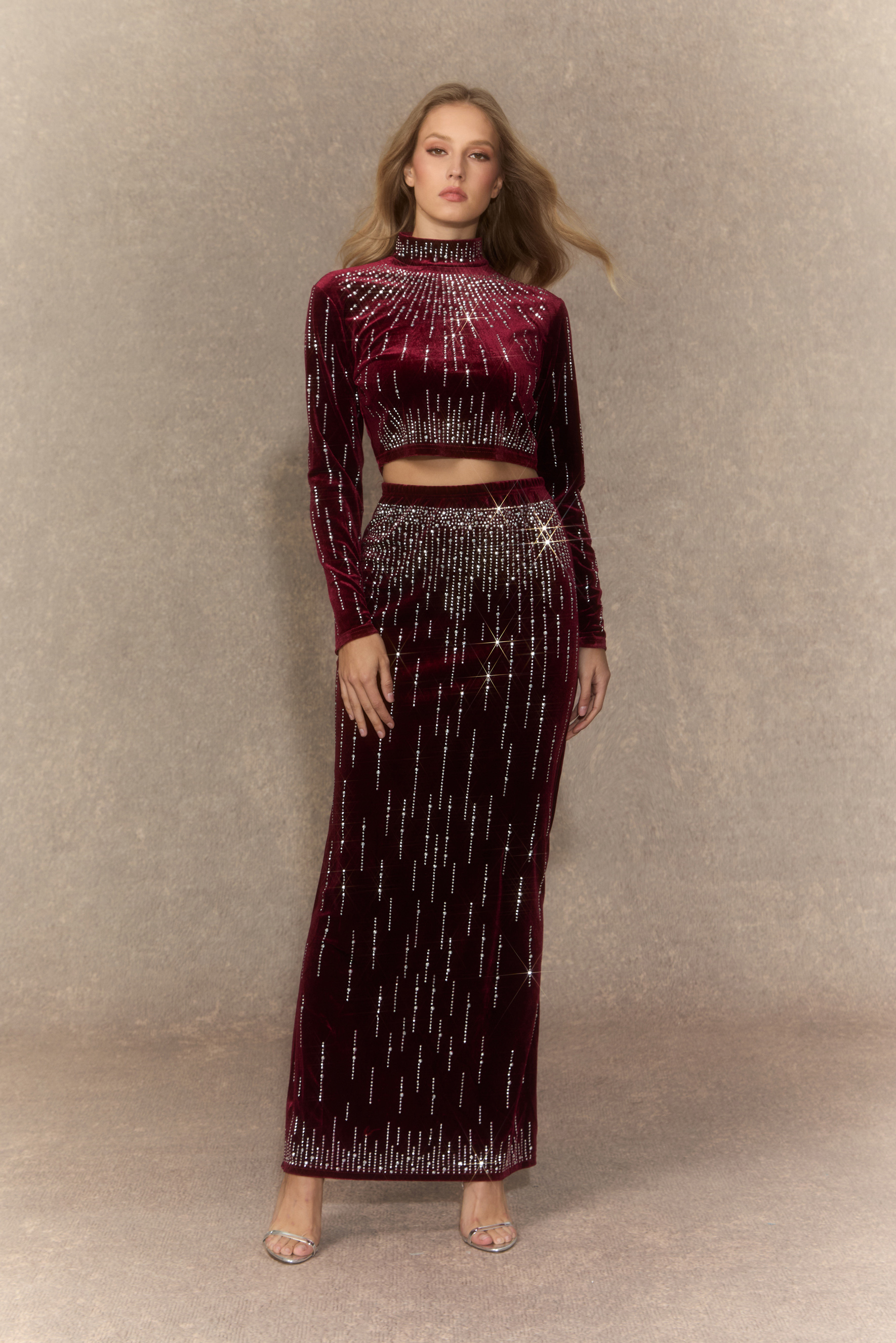 Love That For You Burgundy Velvet Crystal Embellished Top & Skirt Set