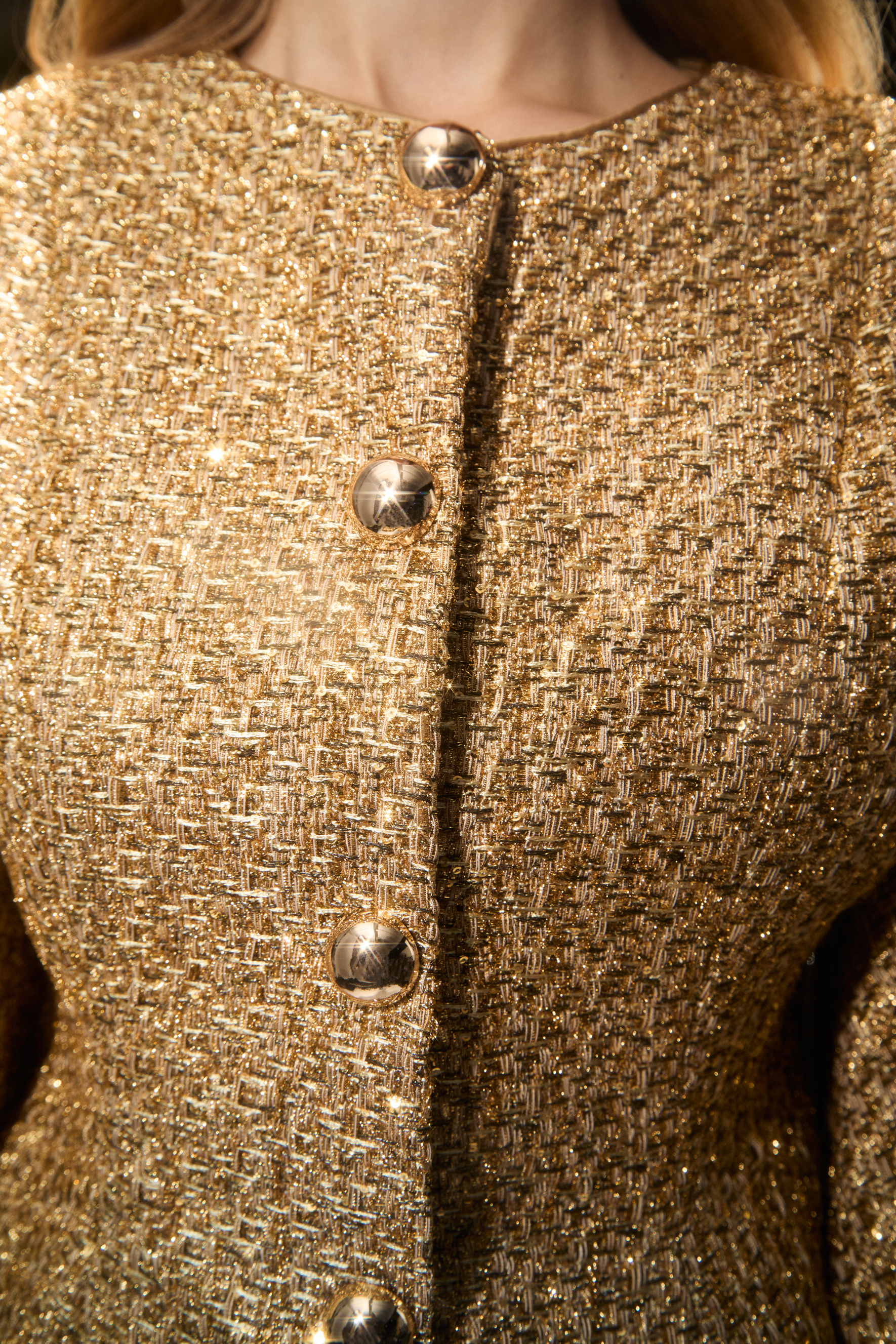 Shimmer District Gold Metallic Puff Sleeve Tweed Jacket