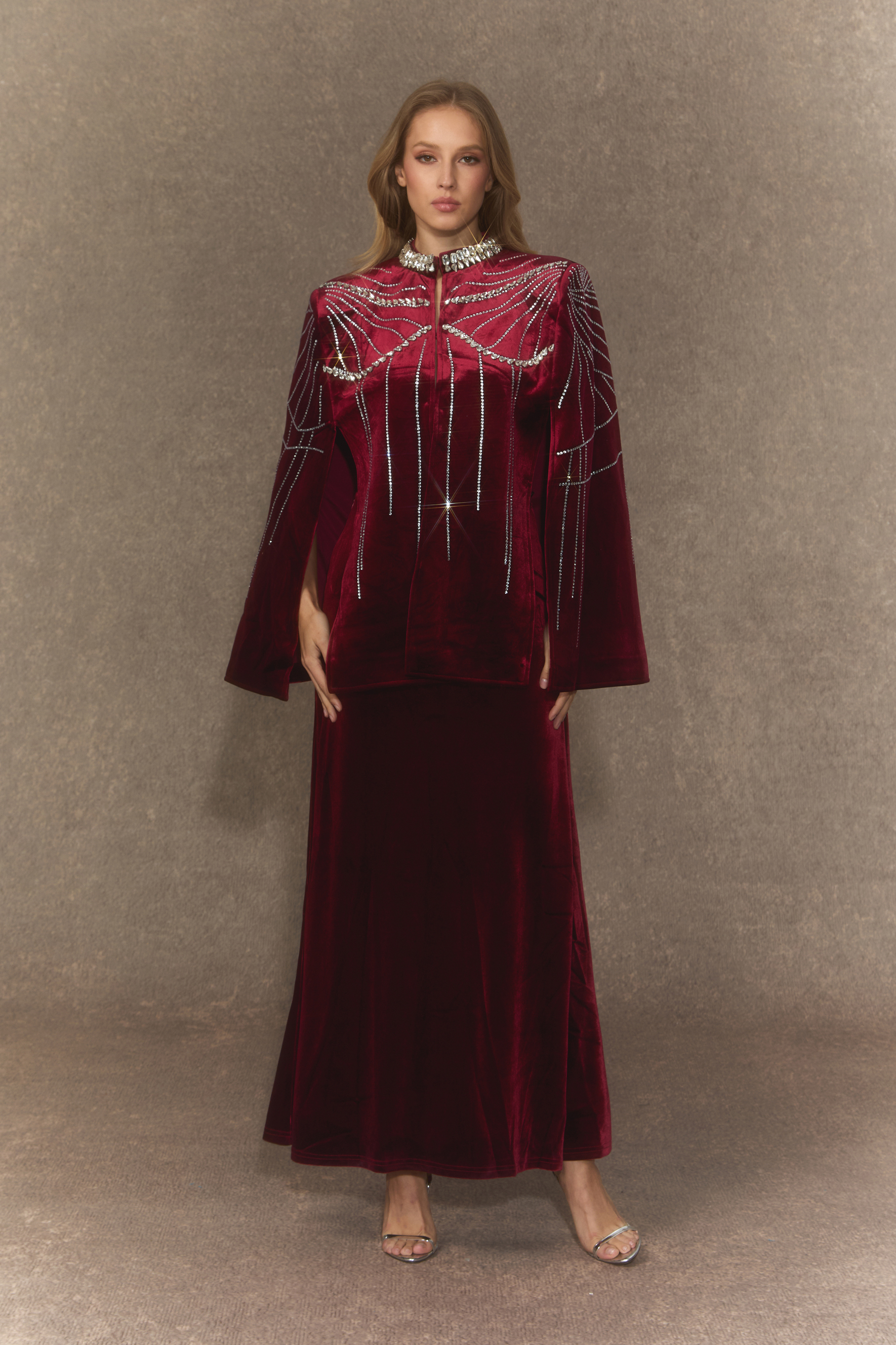 Graceful Invite Burgundy Crystal Embellished Cape & Velvet Maxi Skirt Set