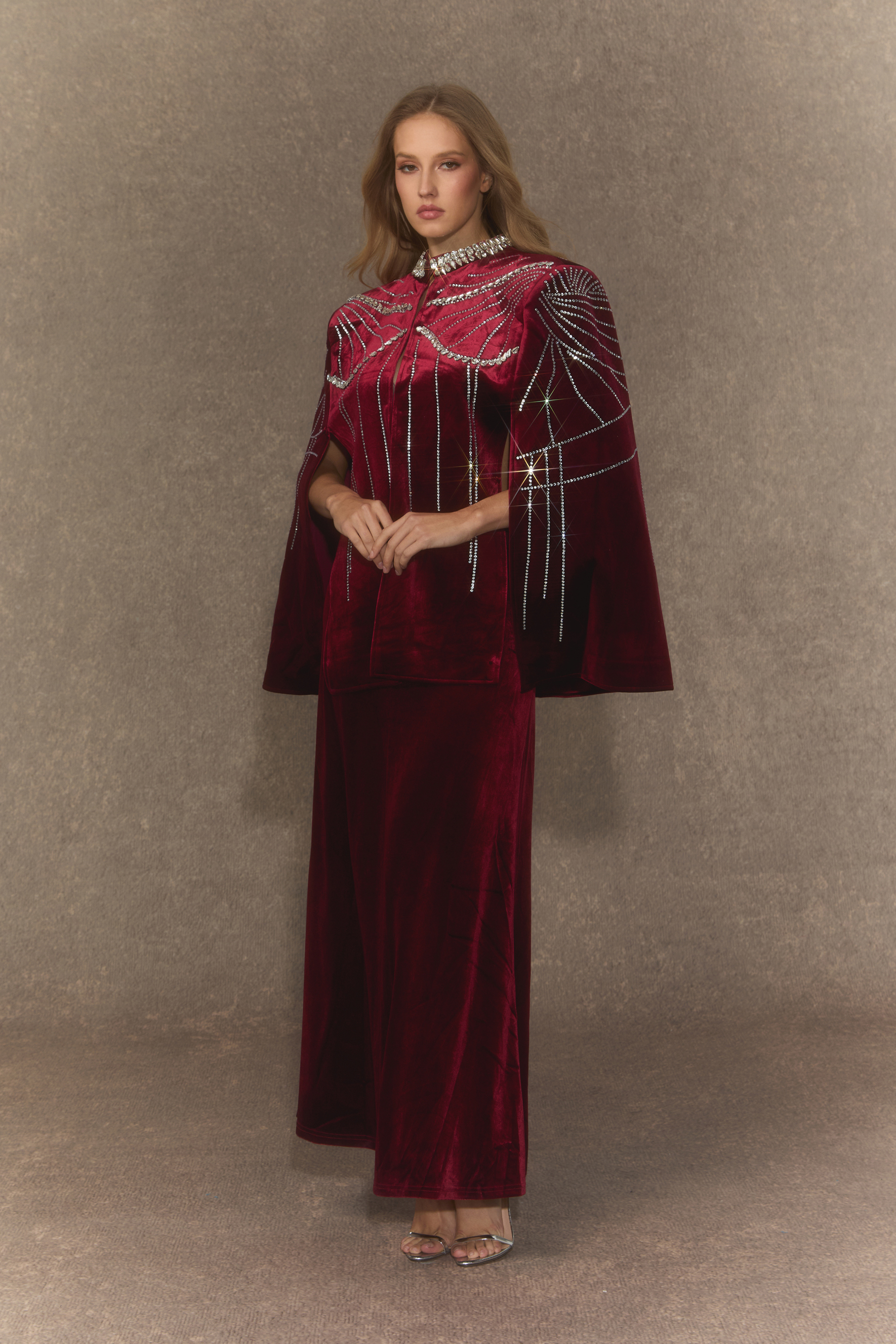 Graceful Invite Burgundy Crystal Embellished Cape & Velvet Maxi Skirt Set