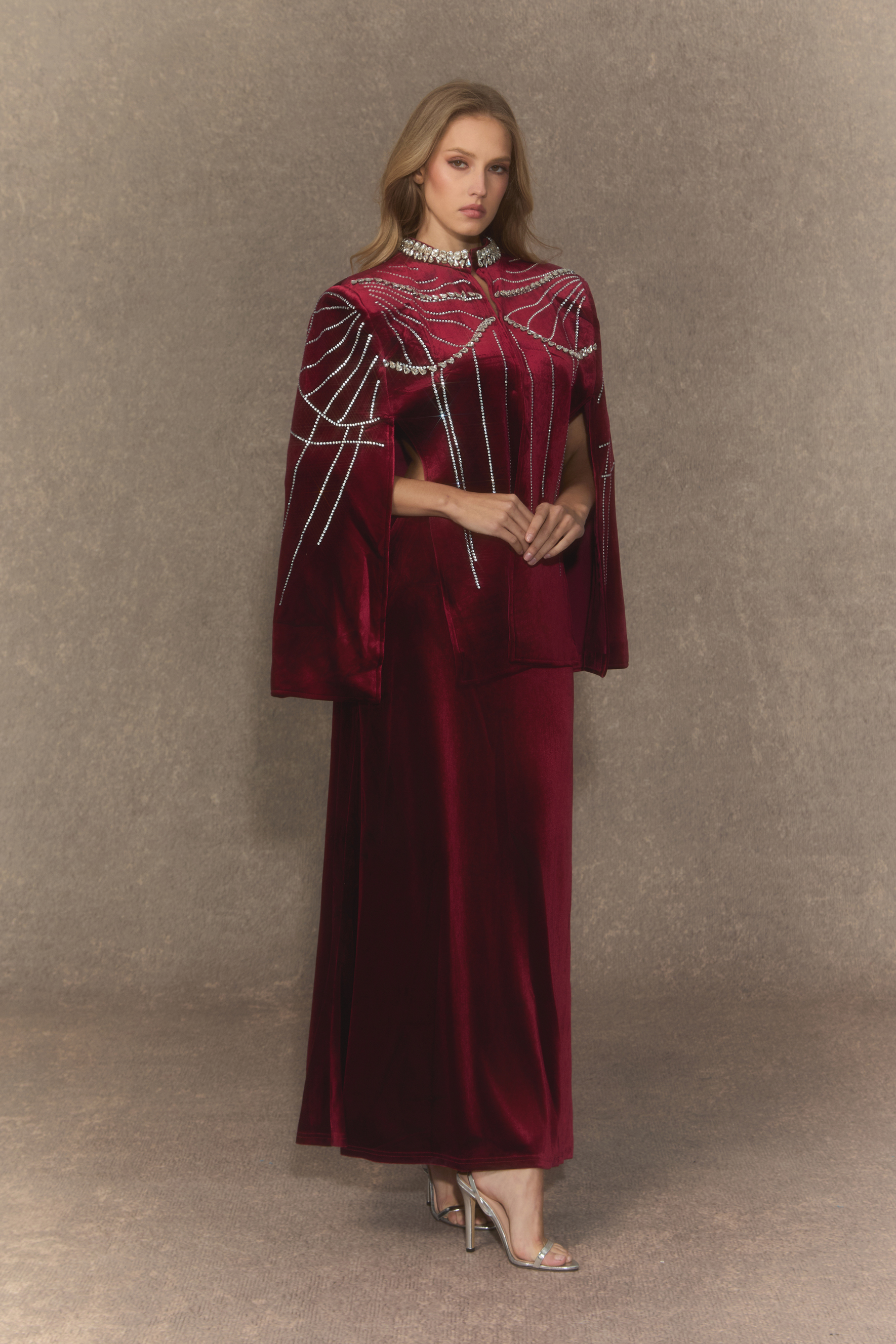 Graceful Invite Burgundy Crystal Embellished Cape & Velvet Maxi Skirt Set