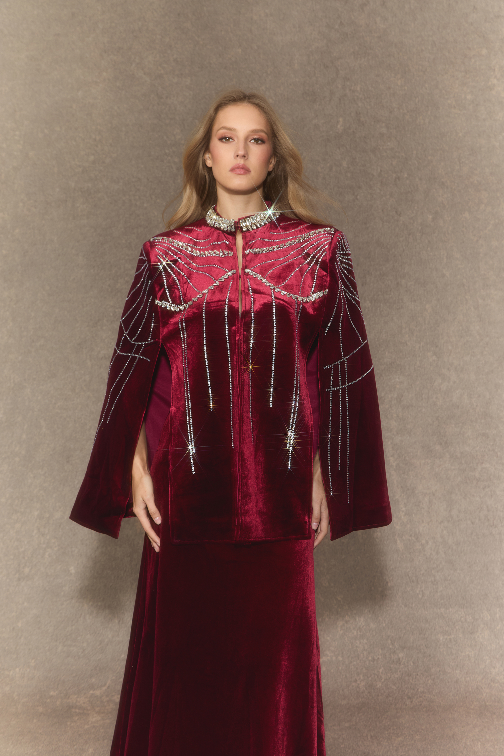 Graceful Invite Burgundy Crystal Embellished Cape & Velvet Maxi Skirt Set