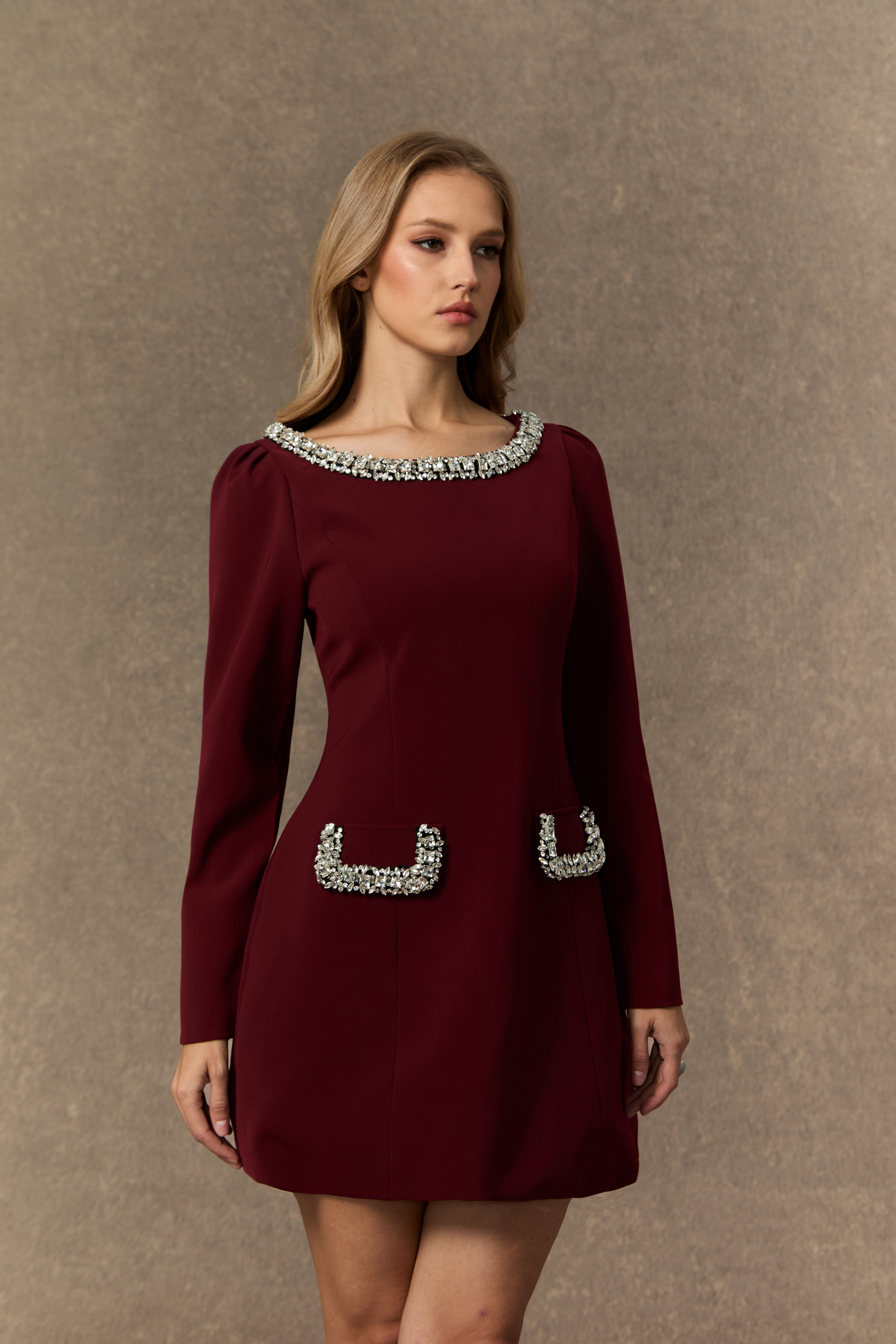 Eloquent Drama Burgundy Crystal Embellished Mini Dress