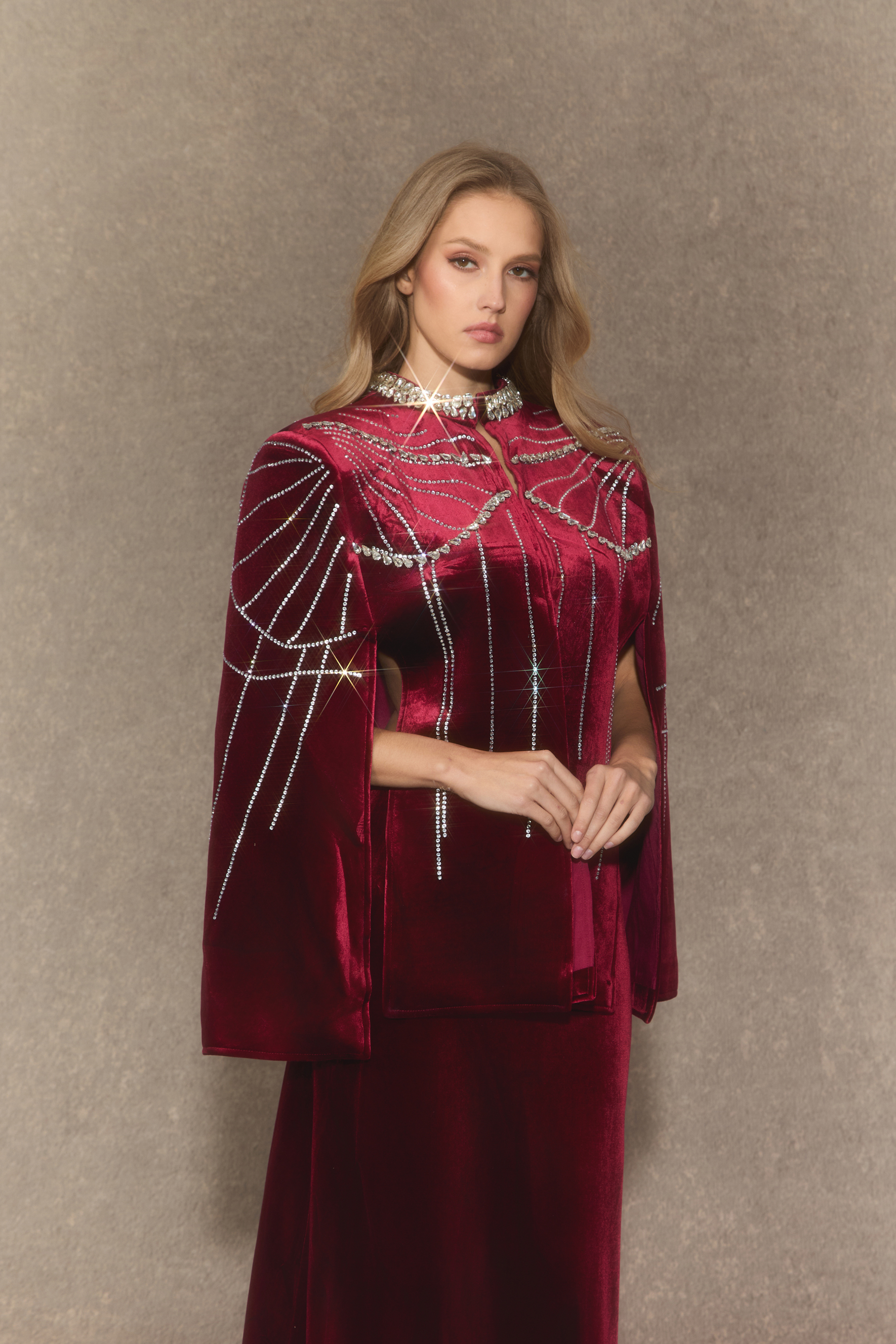 Graceful Invite Burgundy Crystal Embellished Cape & Velvet Maxi Skirt Set