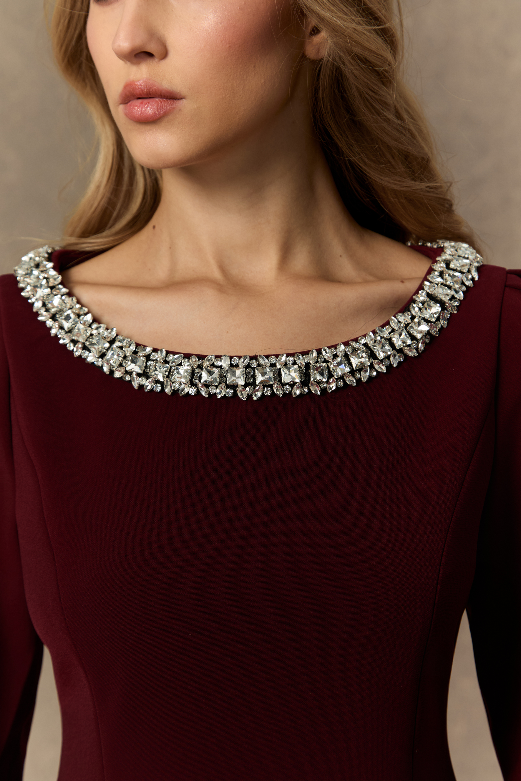 Eloquent Drama Burgundy Crystal Embellished Mini Dress