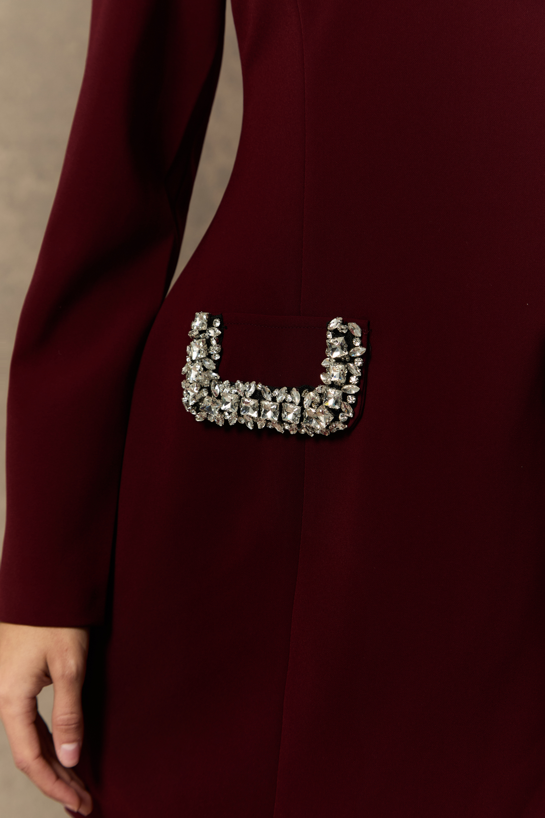 Eloquent Drama Burgundy Crystal Embellished Mini Dress