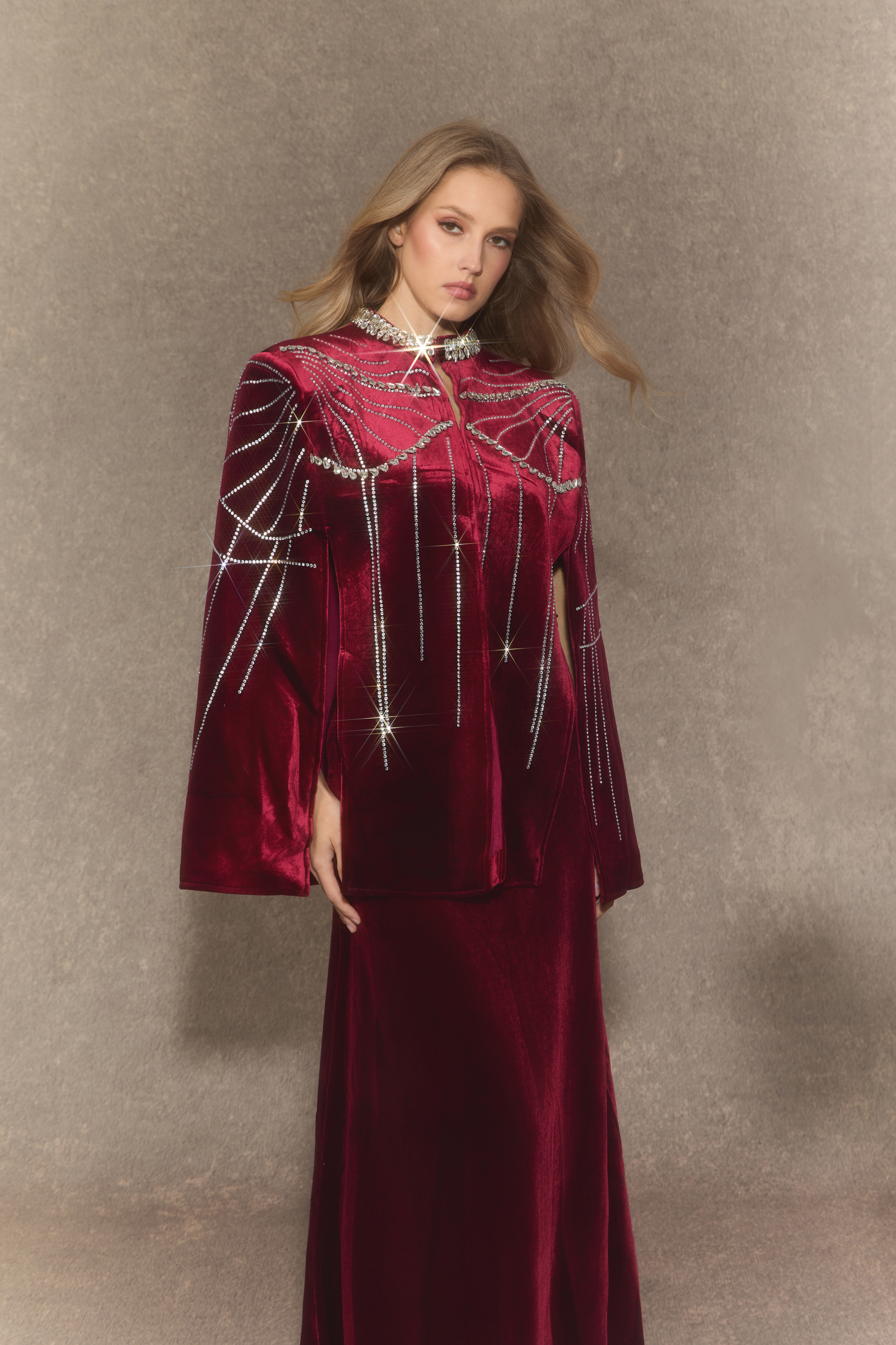 Graceful Invite Burgundy Crystal Embellished Cape & Velvet Maxi Skirt Set