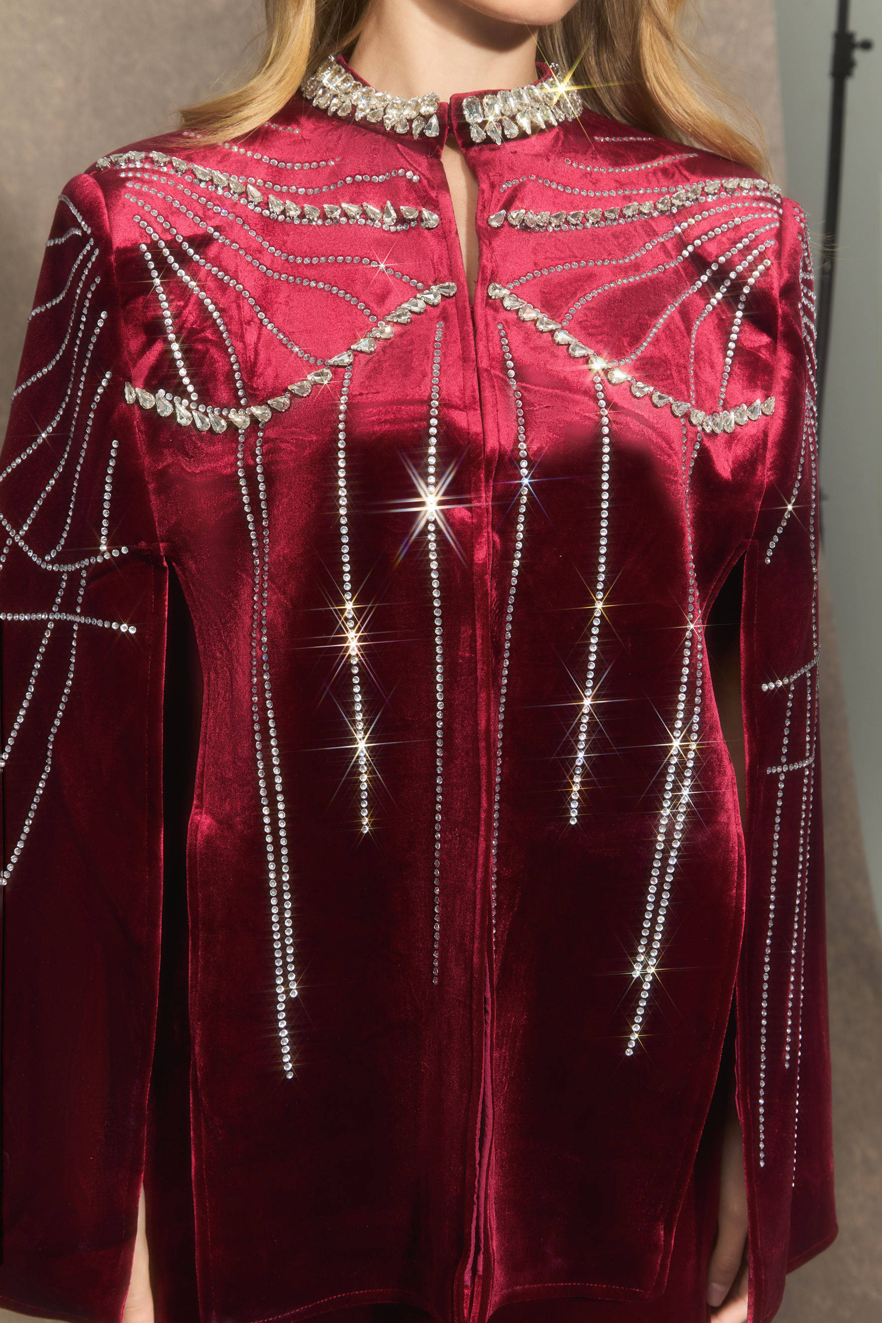 Graceful Invite Burgundy Crystal Embellished Cape & Velvet Maxi Skirt Set