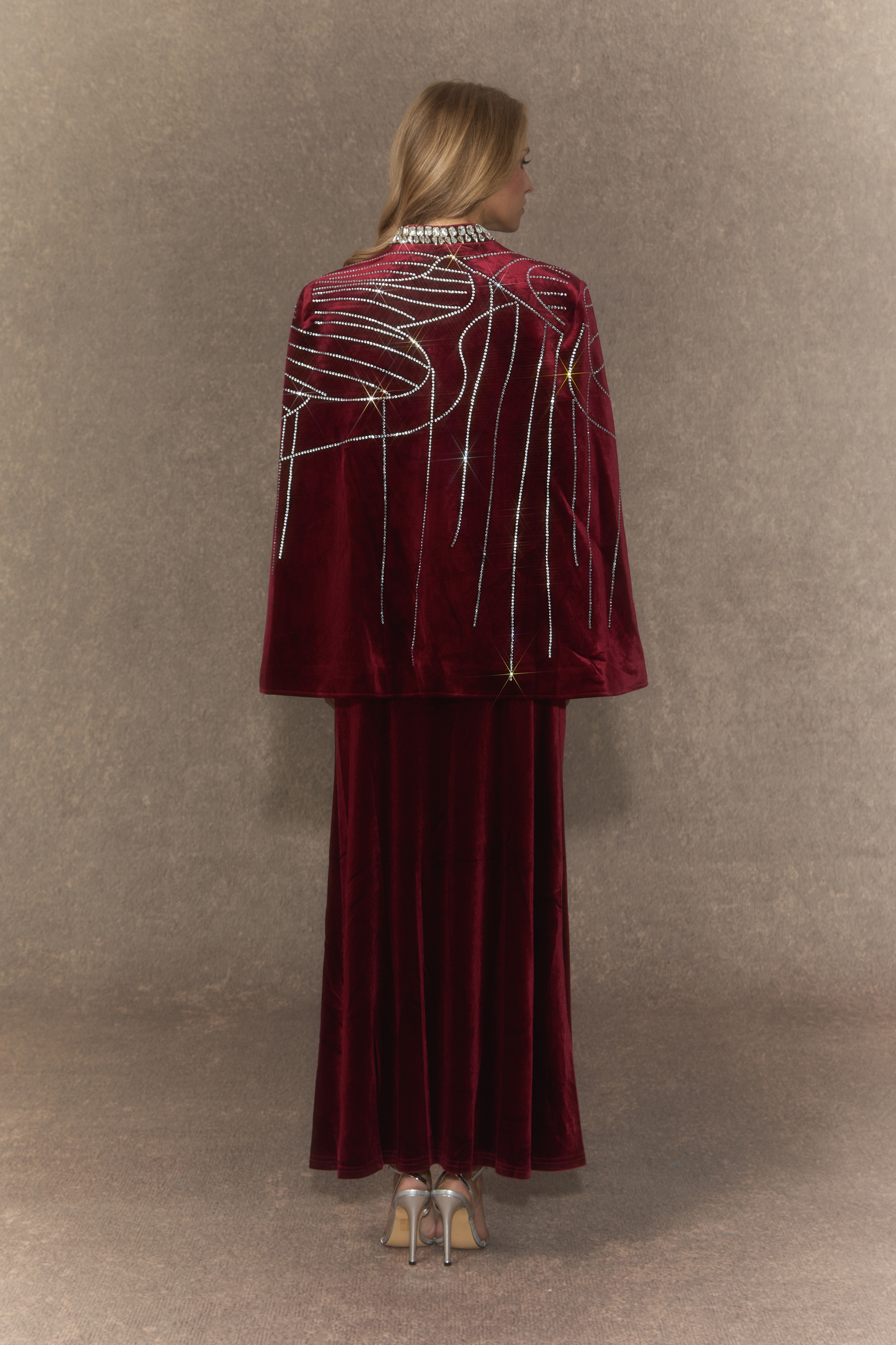 Graceful Invite Burgundy Crystal Embellished Cape & Velvet Maxi Skirt Set