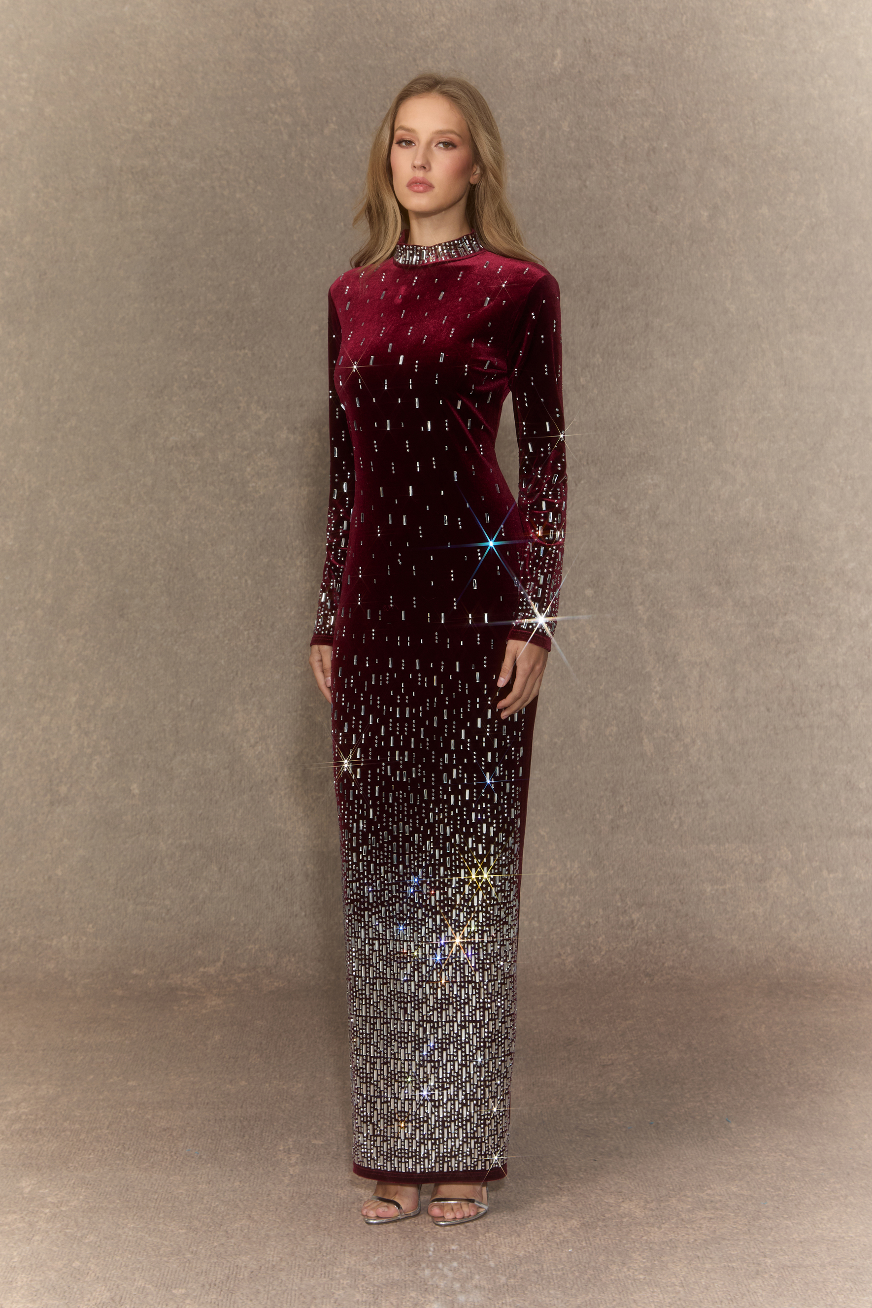 Classy Nights Burgundy Gradient Rhinestone Maxi Dress