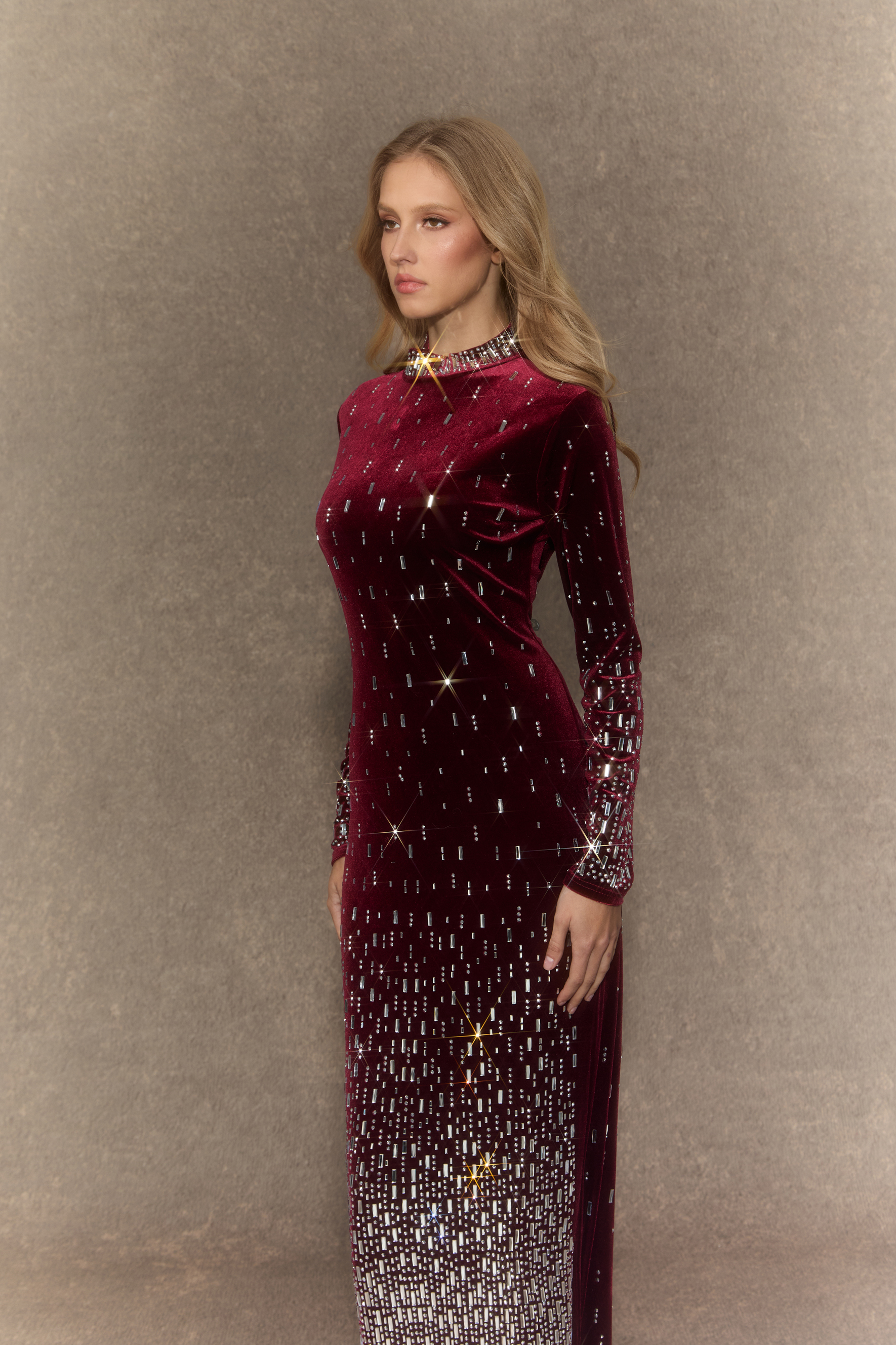 Classy Nights Burgundy Gradient Rhinestone Maxi Dress