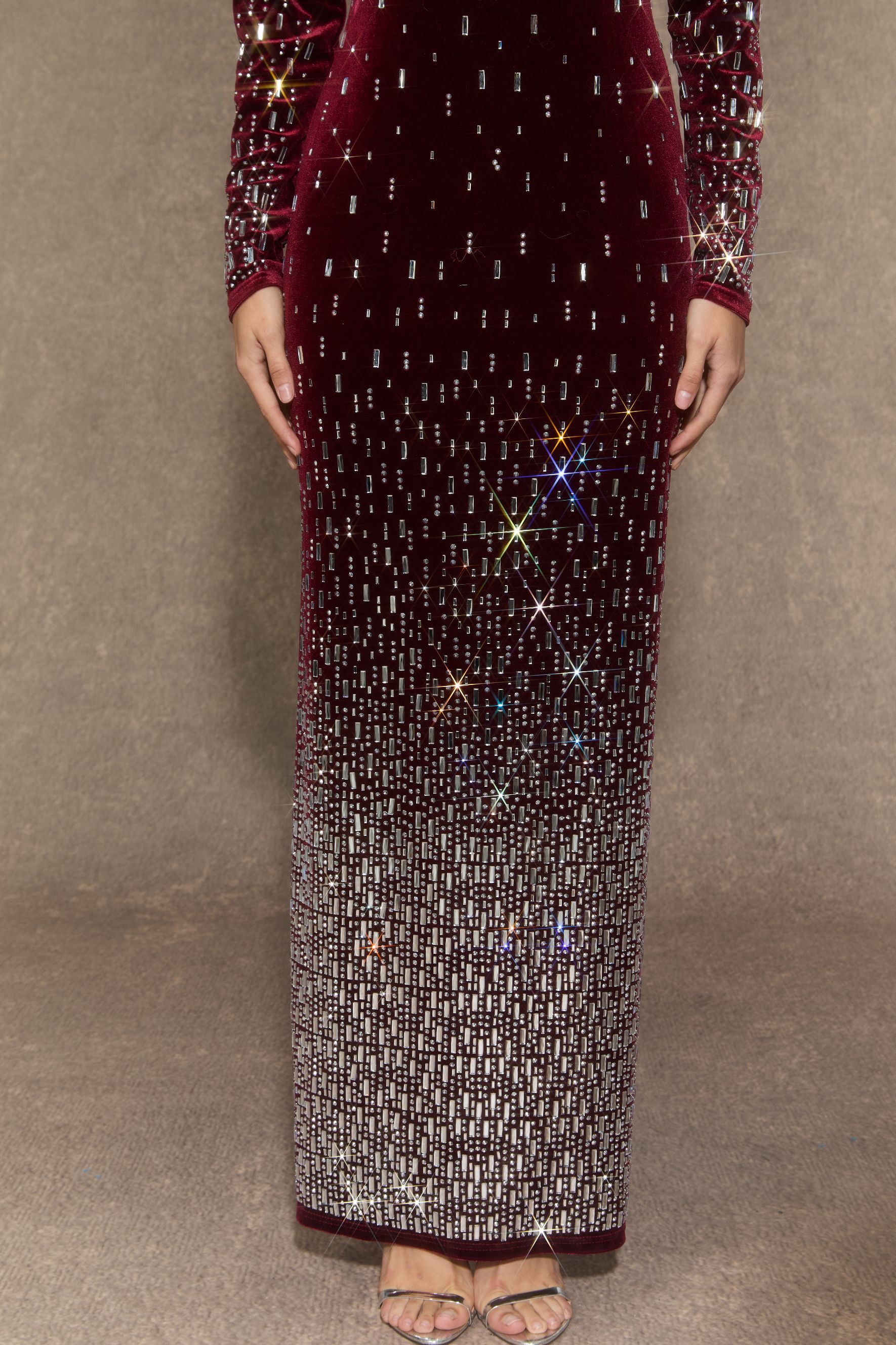 Classy Nights Burgundy Gradient Rhinestone Maxi Dress
