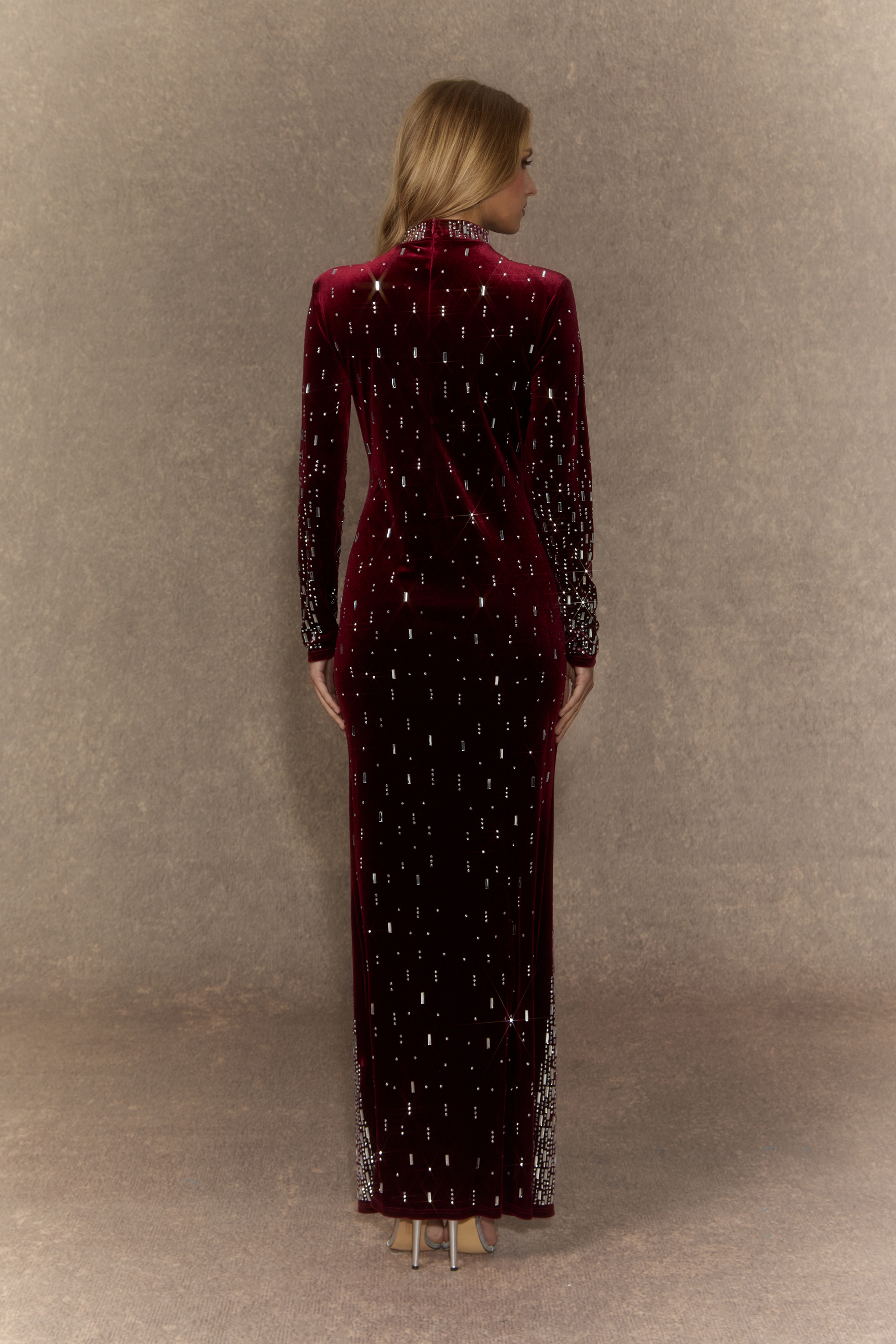 Classy Nights Burgundy Gradient Rhinestone Maxi Dress