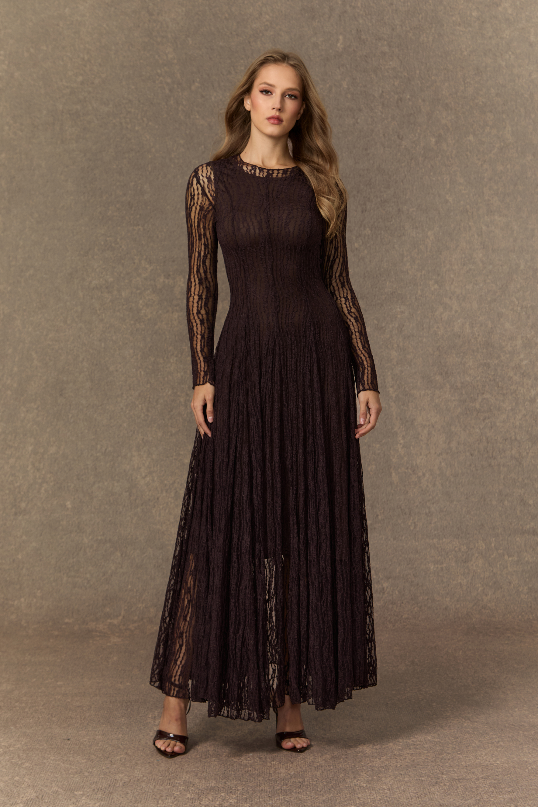 Momentous Moments Black Sheer Lace Pleated Maxi Dress