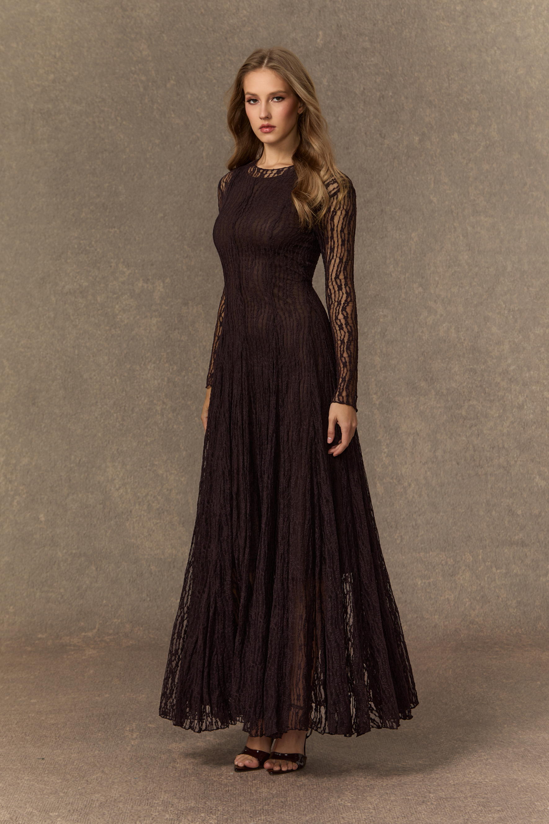 Momentous Moments Black Sheer Lace Pleated Maxi Dress
