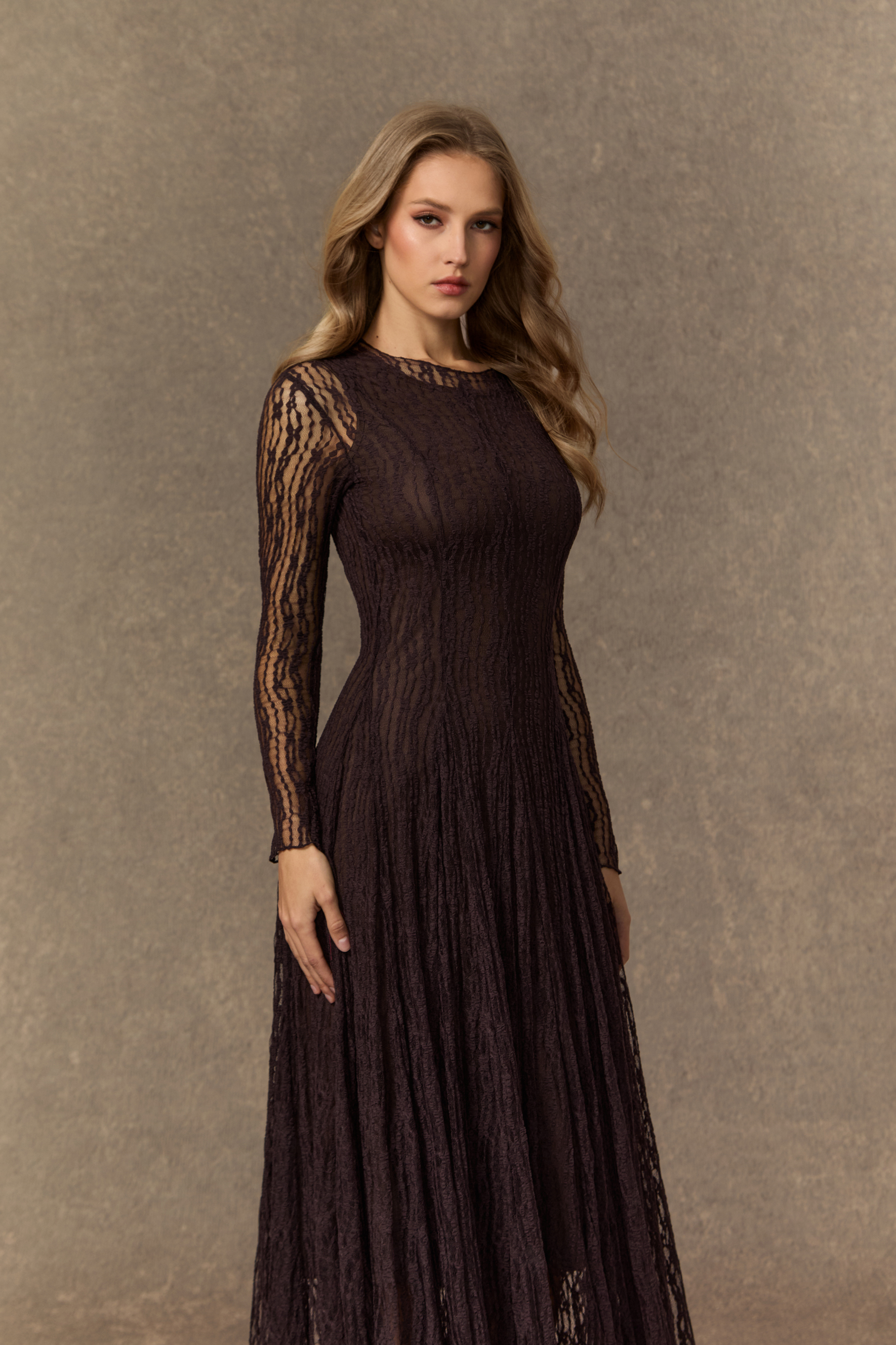 Modest Dresses: Brown Sheer Lace Pleated Maxi Dress for Fashion