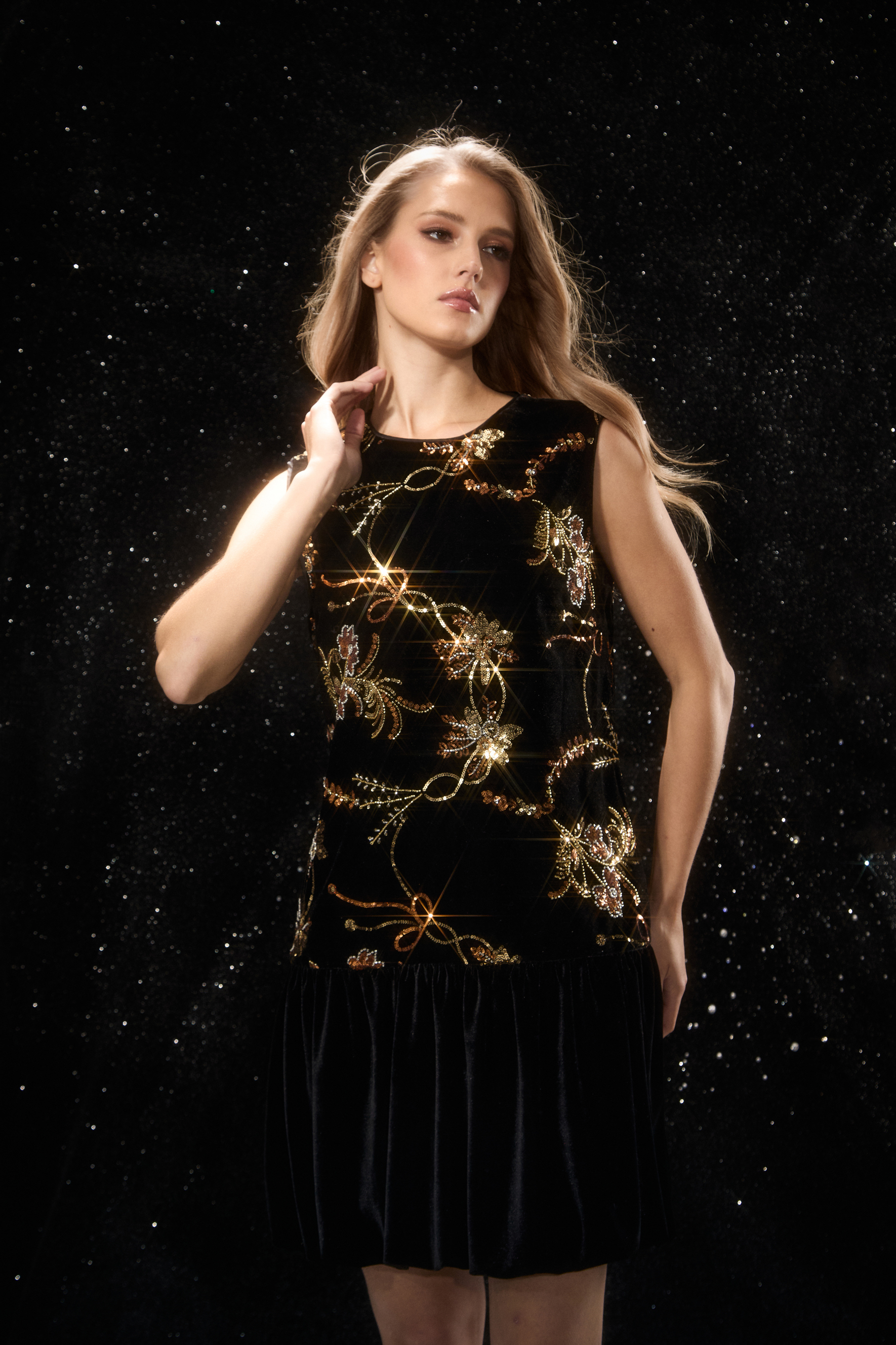 Classy Nights Black Sequin Floral Velvet Mini Dress