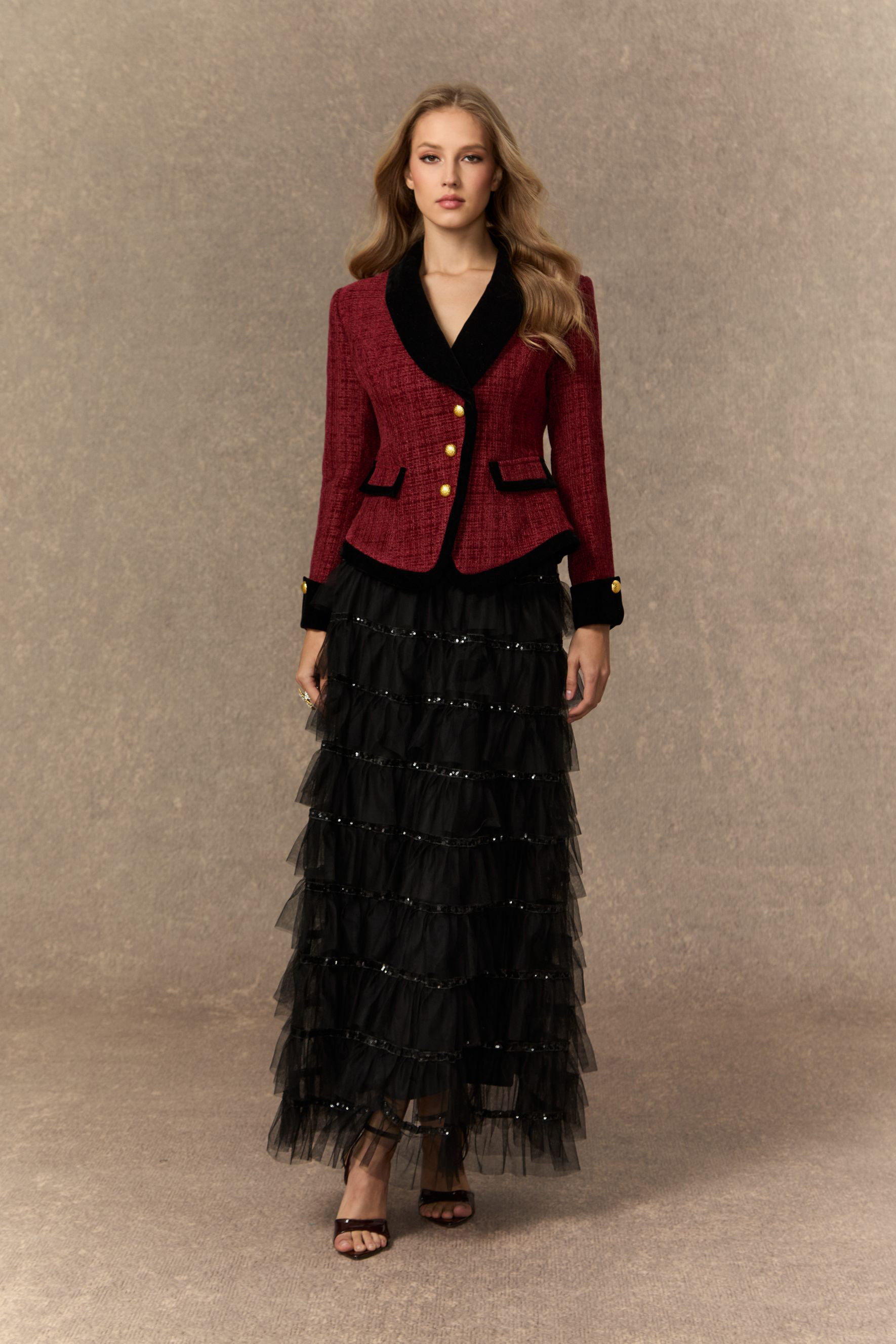 Graceful Arrival Burgundy Tweed Jacket & Tiered Tulle Skirt Set