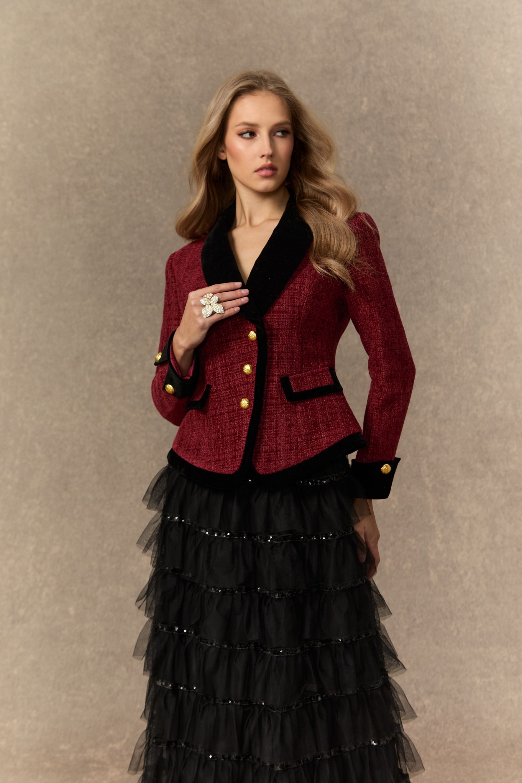 Graceful Arrival Burgundy Tweed Jacket & Tiered Tulle Skirt Set