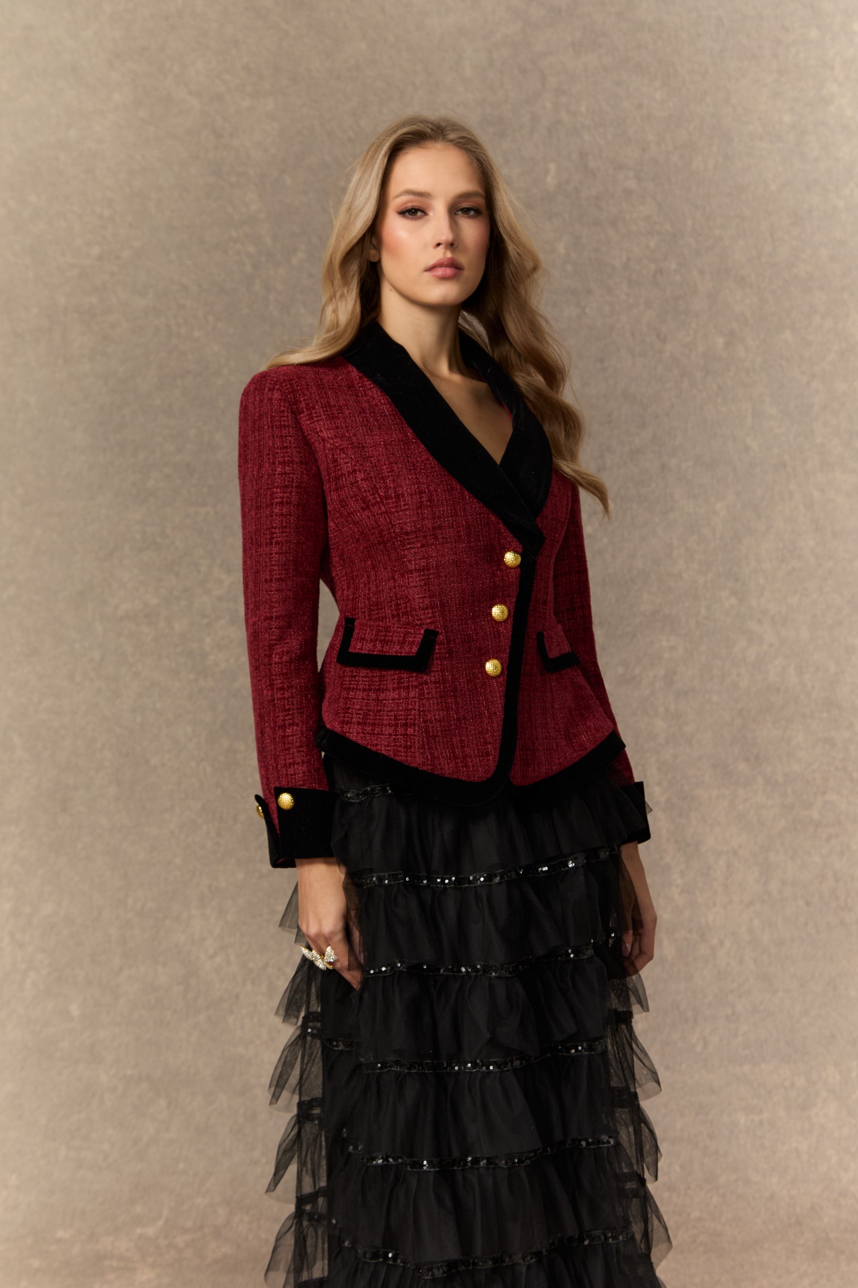 Graceful Arrival Burgundy Tweed Jacket & Tiered Tulle Skirt Set