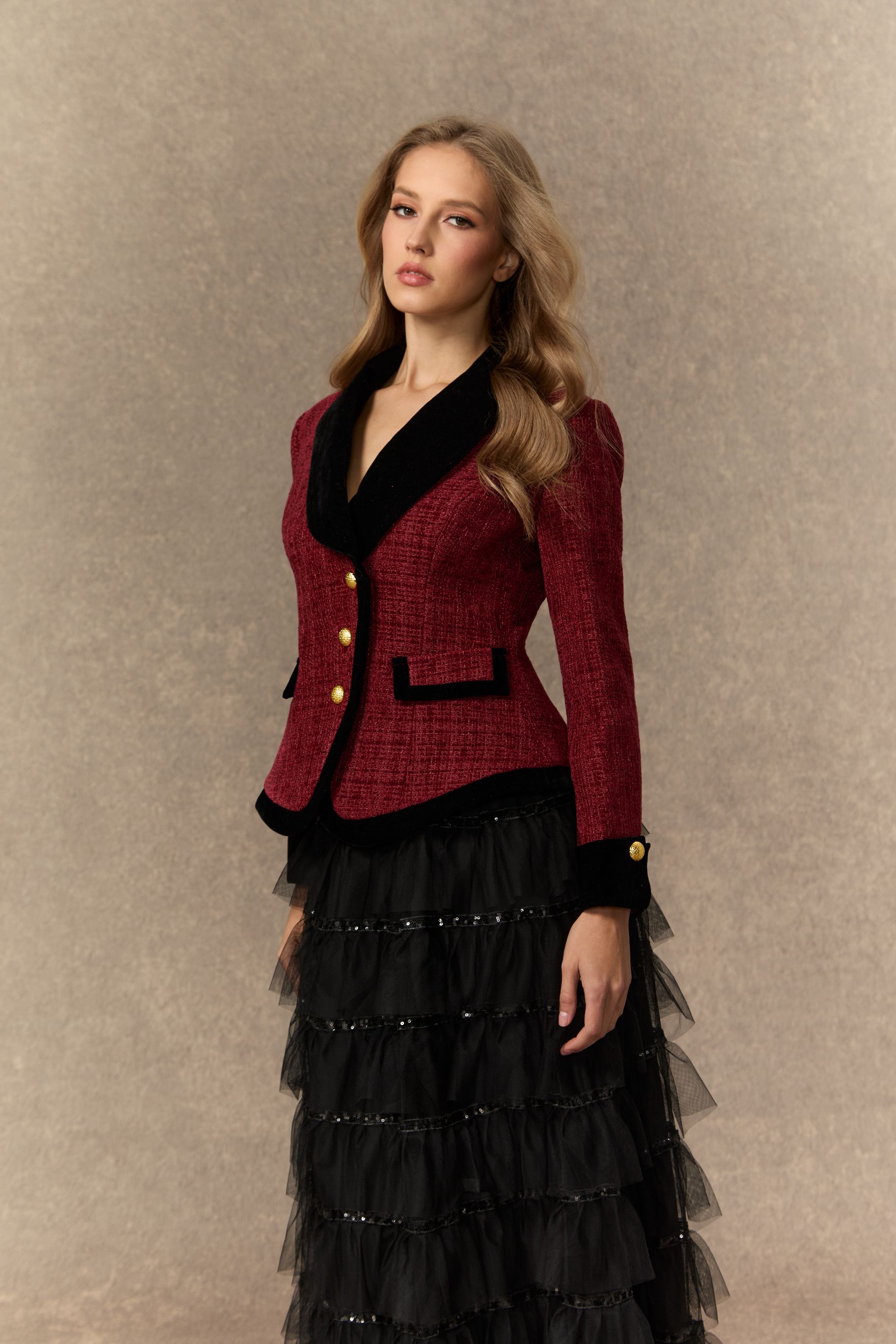 Graceful Arrival Burgundy Tweed Jacket & Tiered Tulle Skirt Set