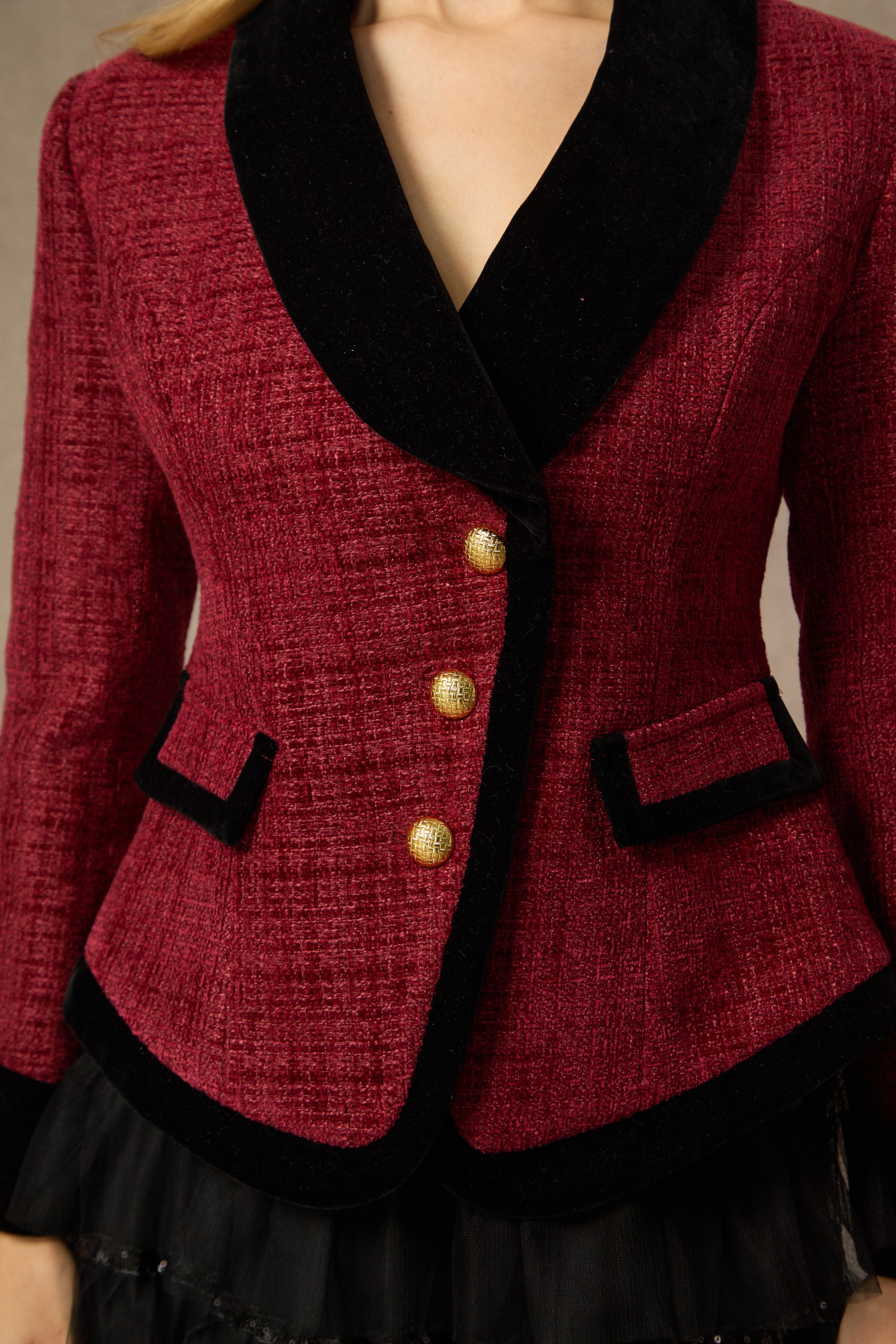 Graceful Arrival Burgundy Tweed Jacket & Tiered Tulle Skirt Set