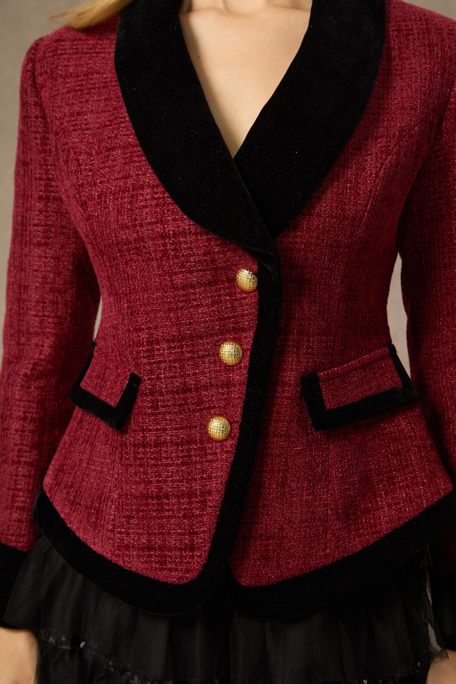 Graceful Arrival Burgundy Tweed Jacket & Tiered Tulle Skirt Set