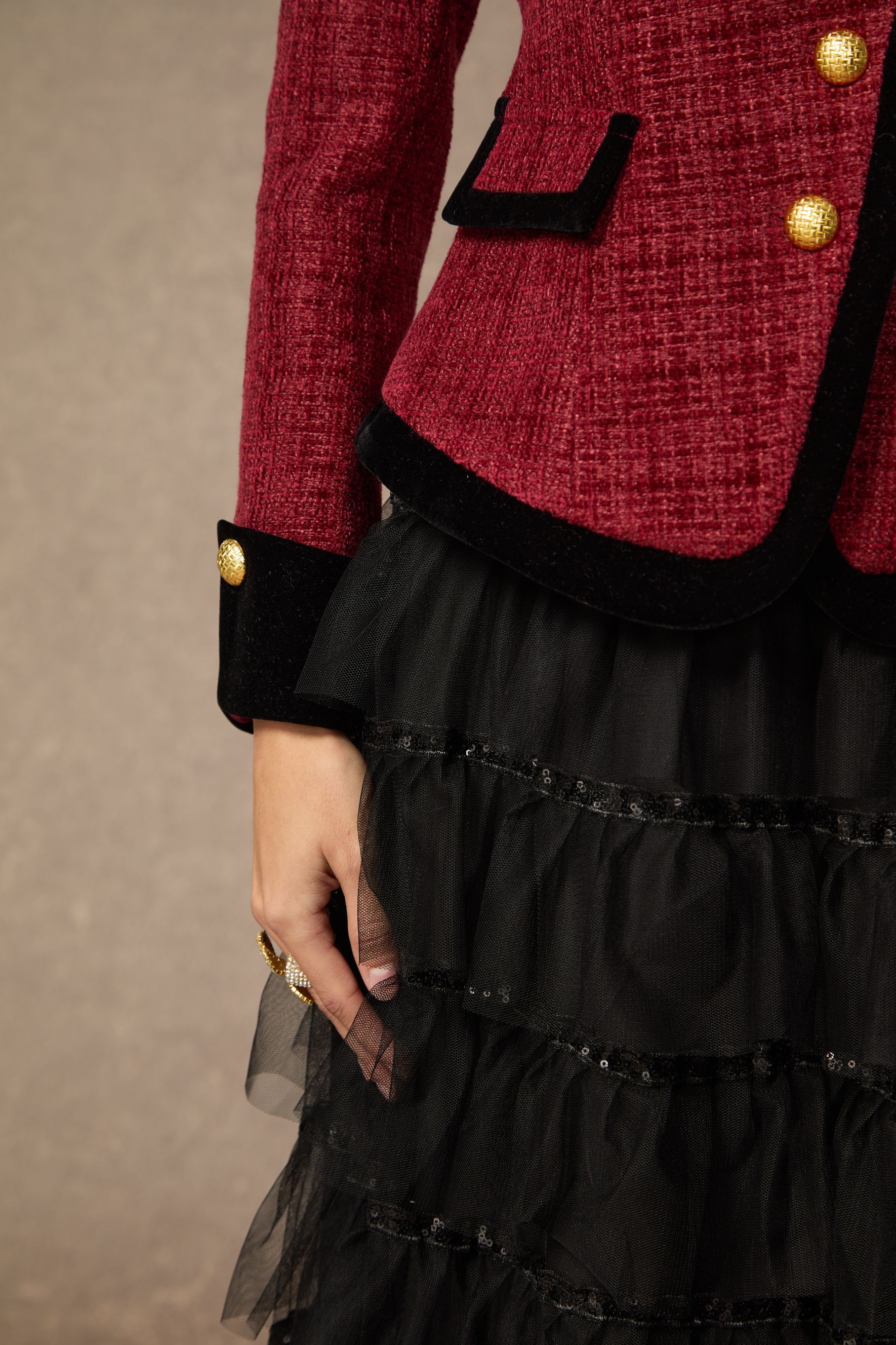 Graceful Arrival Burgundy Tweed Jacket & Tiered Tulle Skirt Set