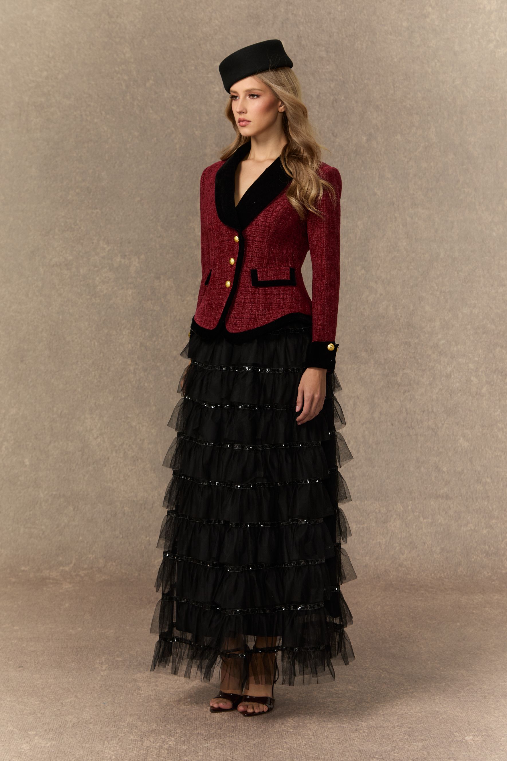Graceful Arrival Burgundy Tweed Jacket & Tiered Tulle Skirt Set