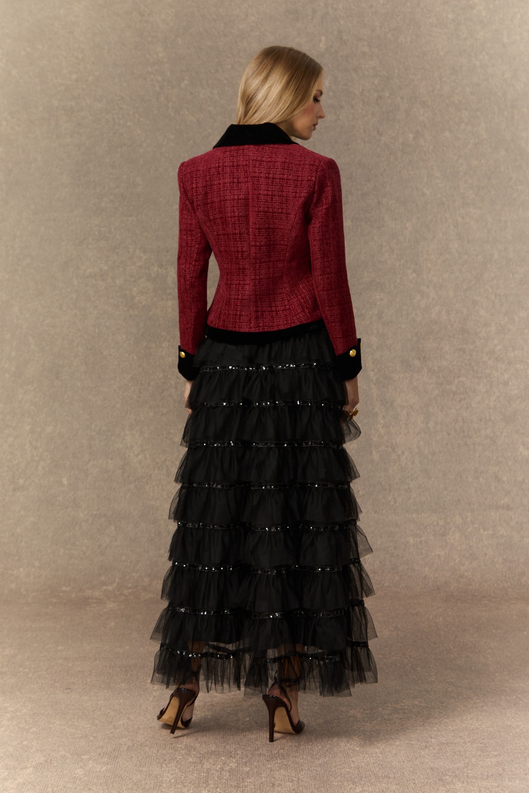 Graceful Arrival Burgundy Tweed Jacket & Tiered Tulle Skirt Set