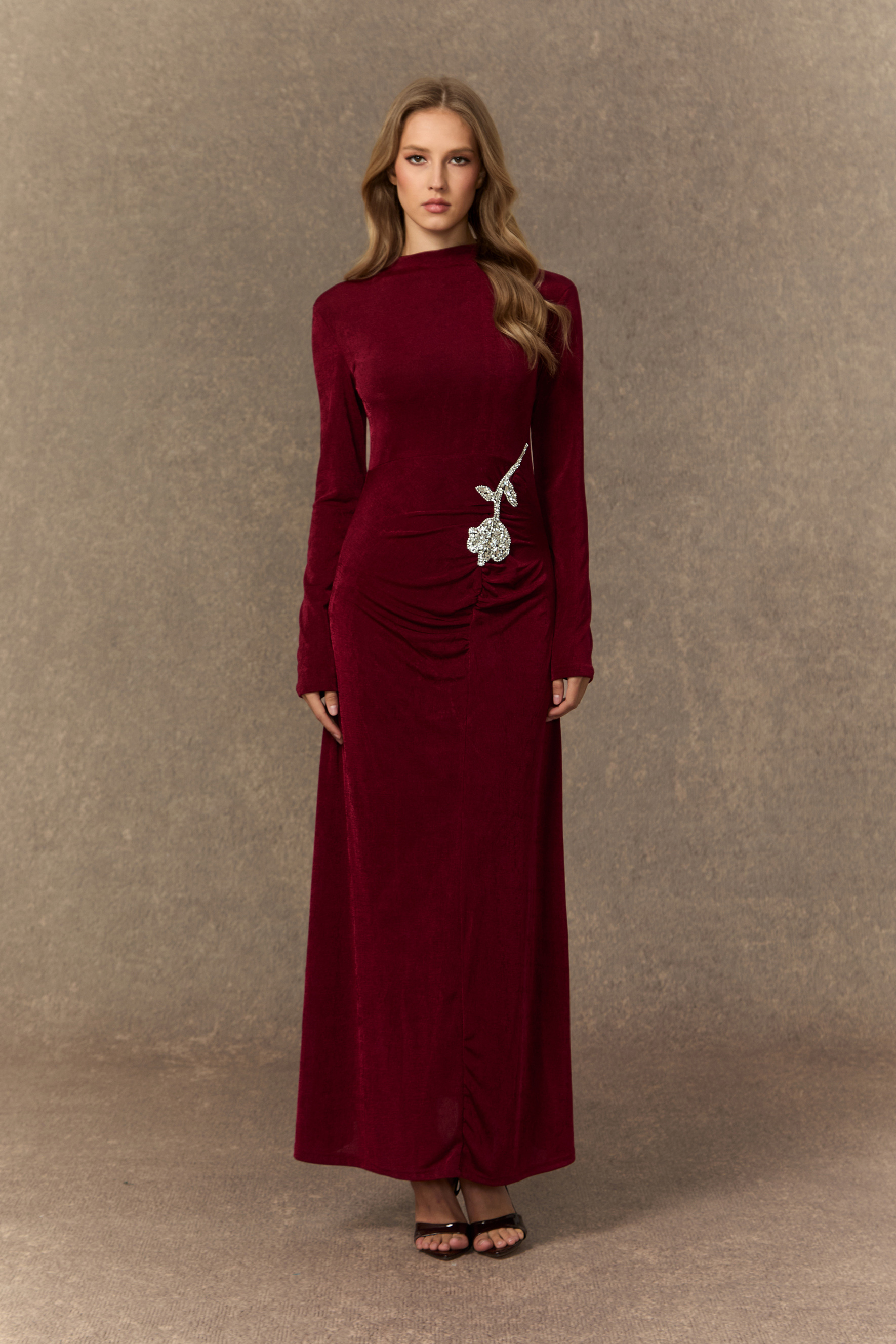 Adoring Me Burgundy Crystal Rose Ruched Maxi Dress