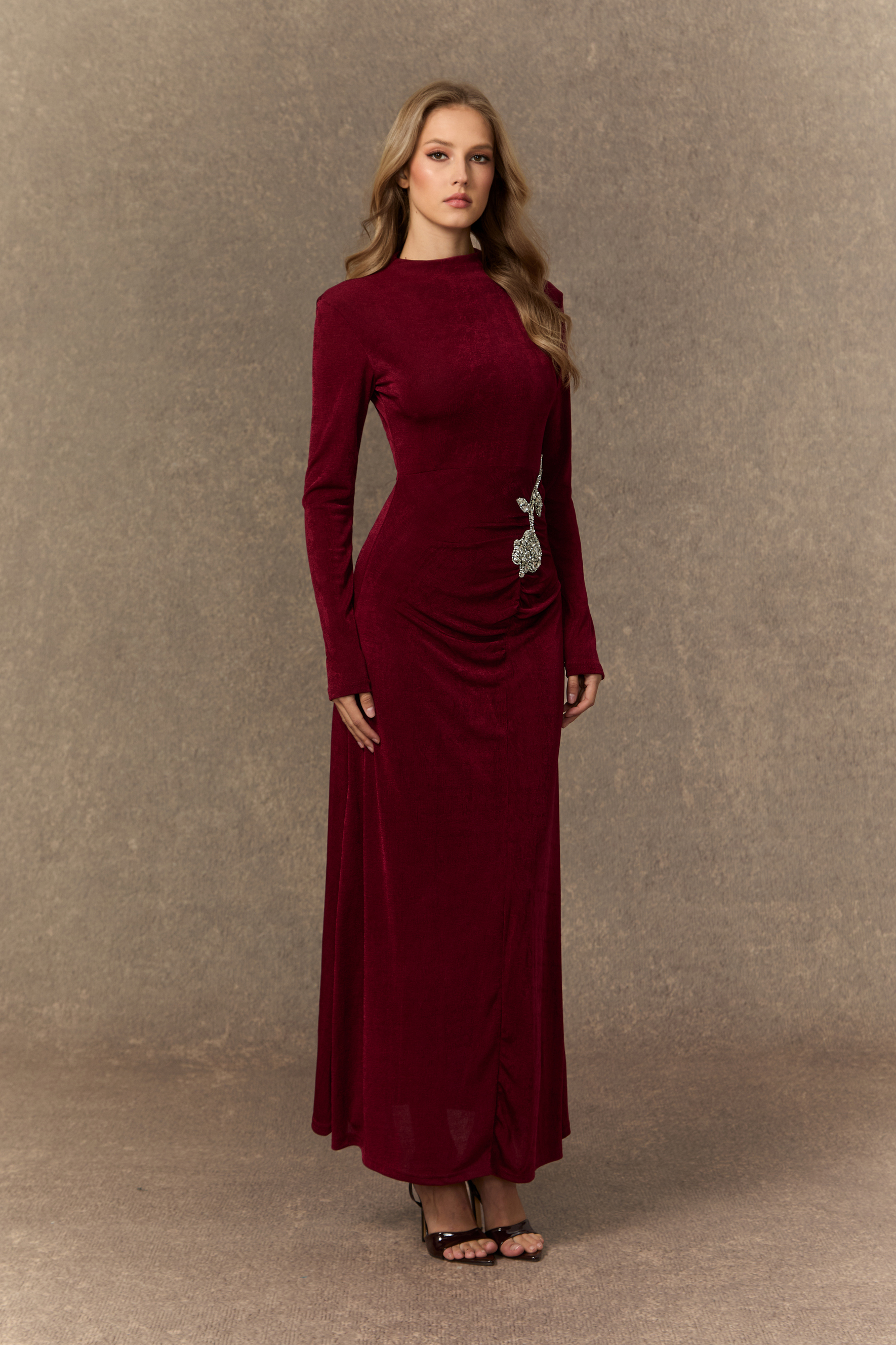 Adoring Me Burgundy Crystal Rose Ruched Maxi Dress