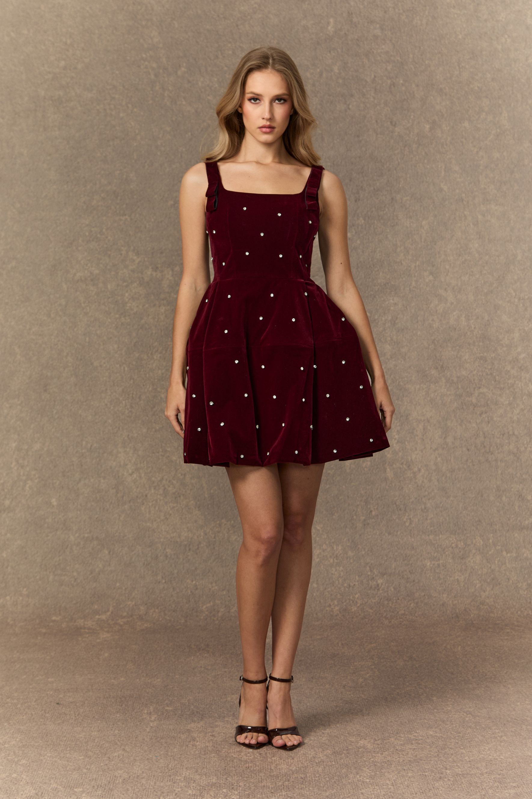 Crowned In Style Burgundy Pearl Embellished Square Neck Mini Dress