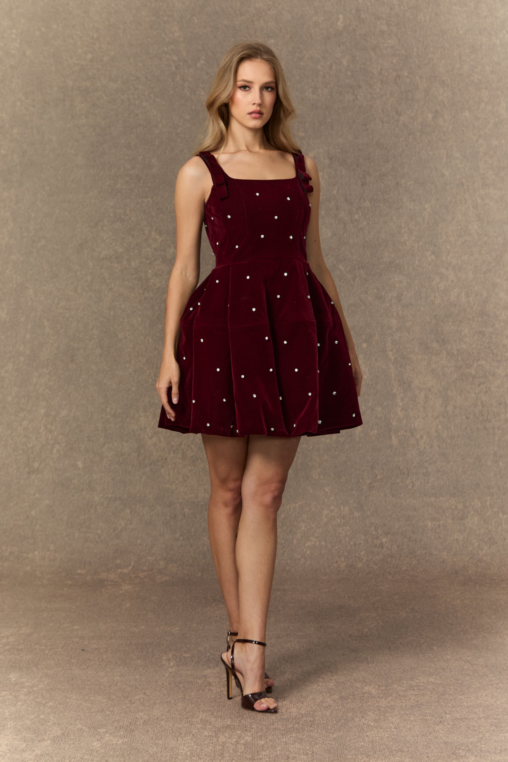 Crowned In Style Burgundy Pearl Embellished Square Neck Mini Dress