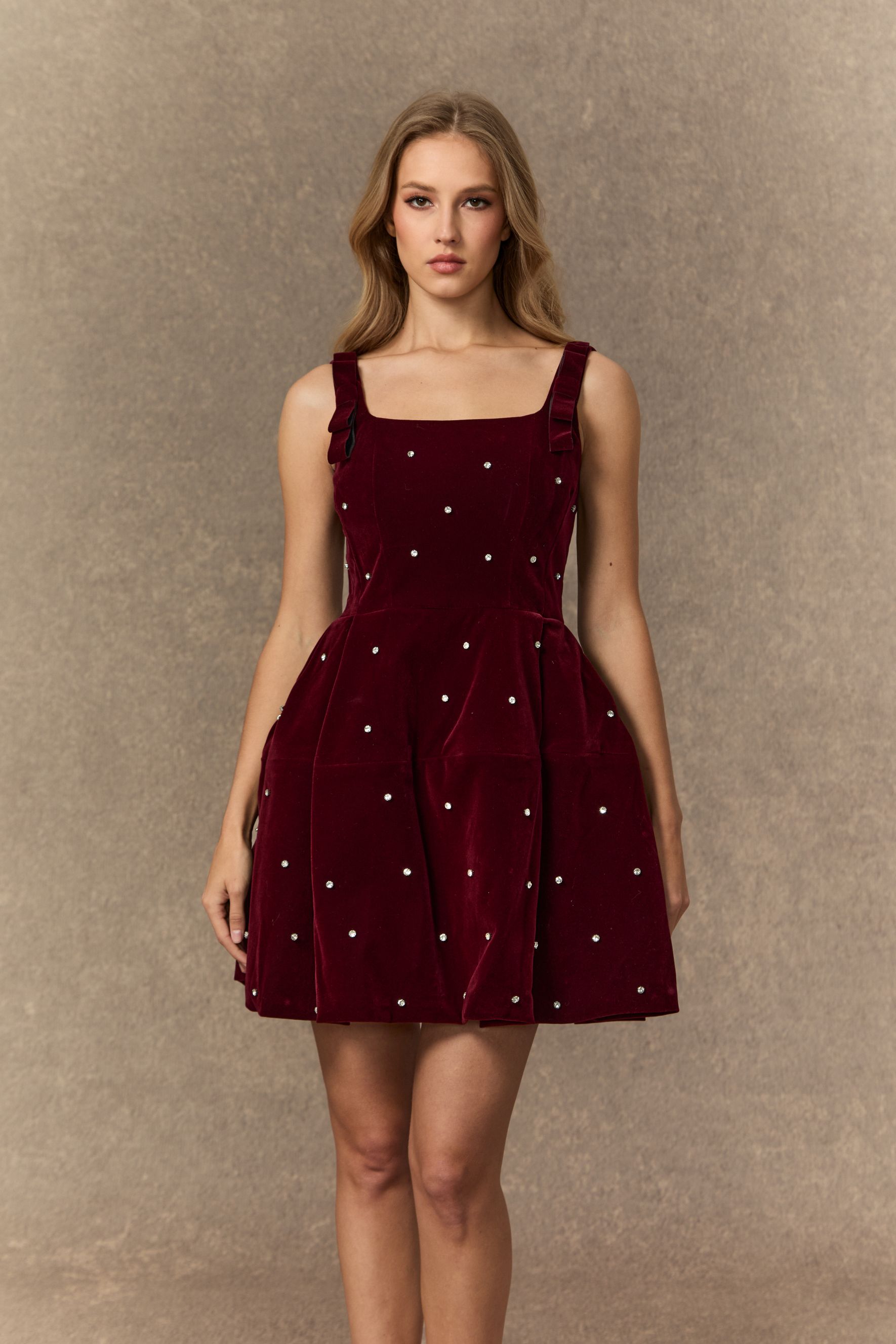 Crowned In Style Burgundy Pearl Embellished Square Neck Mini Dress