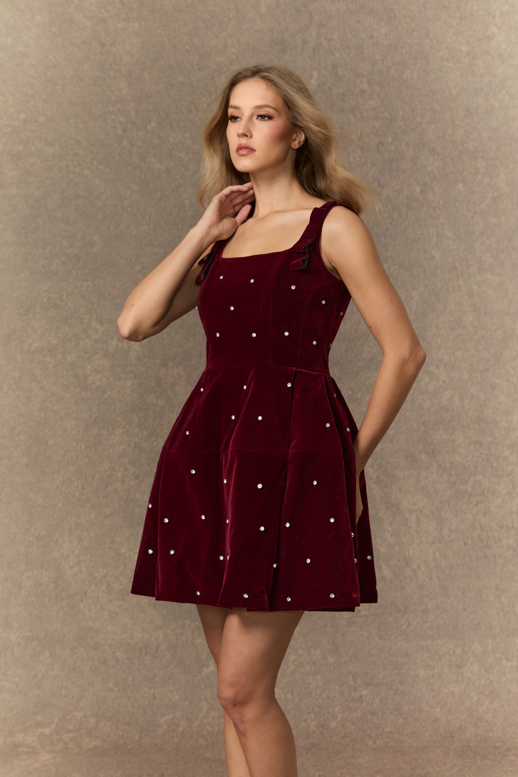 Crowned In Style Burgundy Pearl Embellished Square Neck Mini Dress