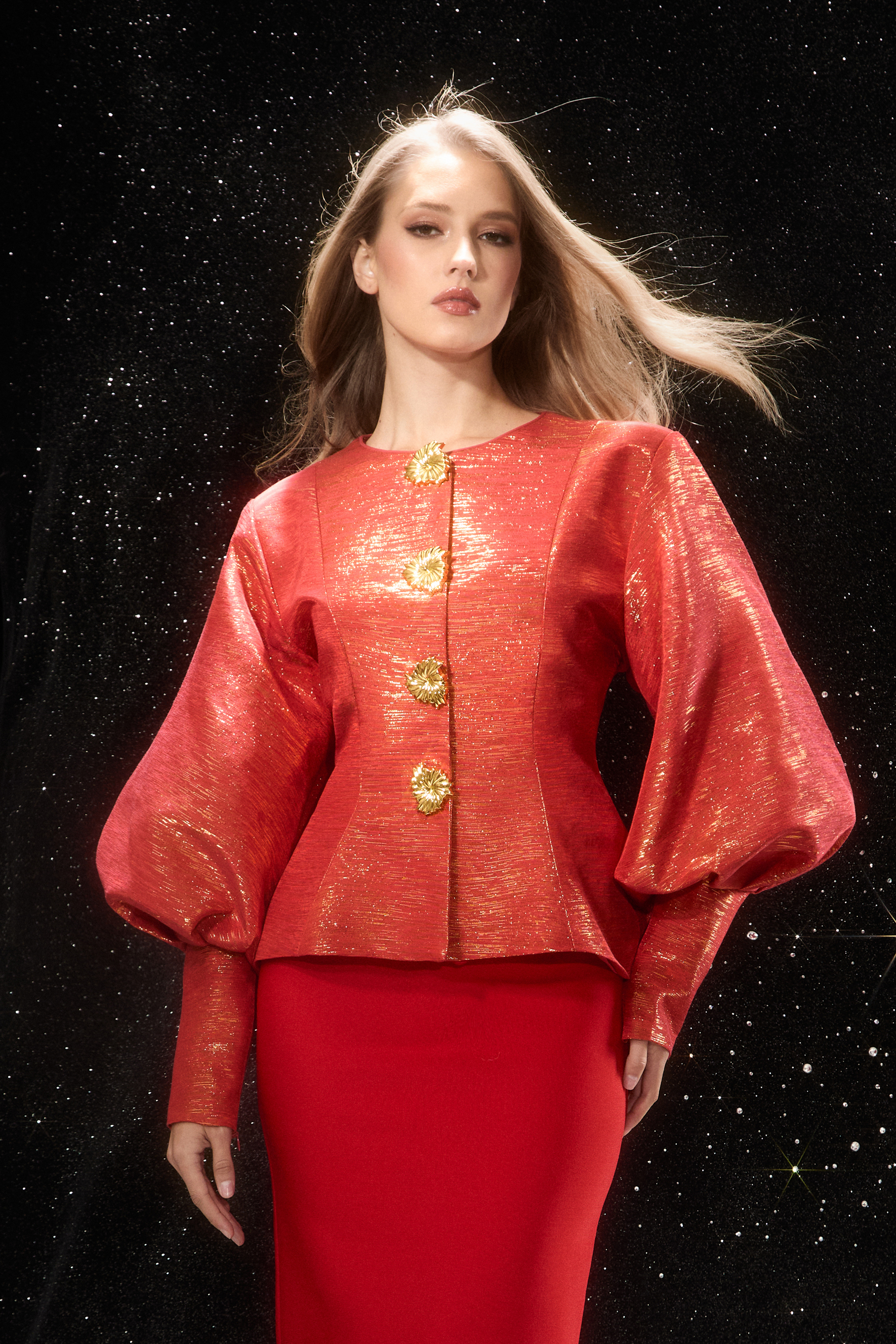 Love Emotions Red Puff Sleeve Embellished Button Jacket