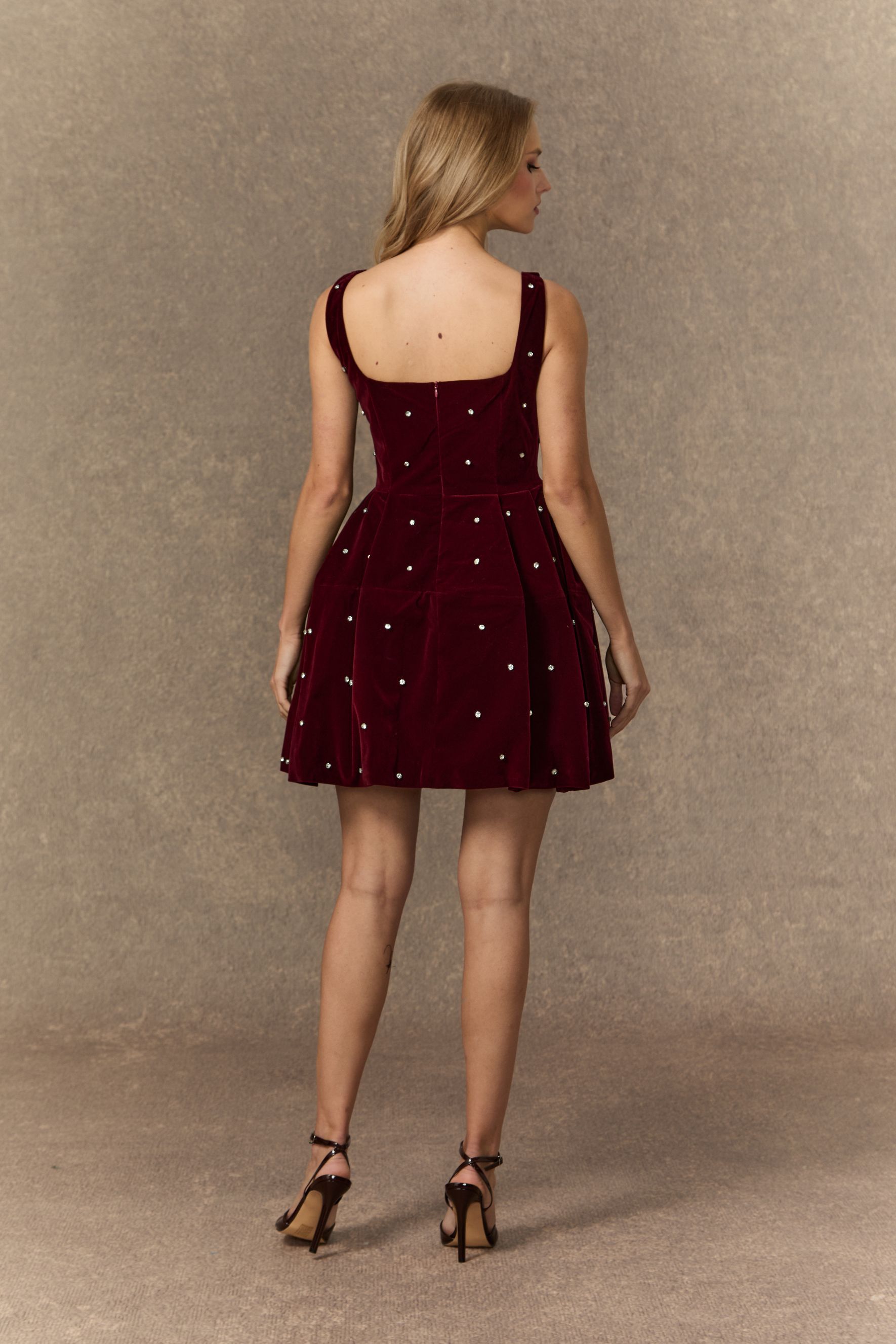 Crowned In Style Burgundy Pearl Embellished Square Neck Mini Dress