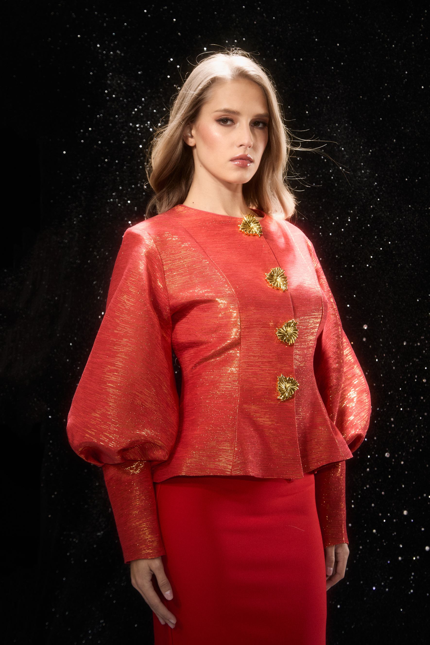Love Emotions Red Puff Sleeve Embellished Button Jacket