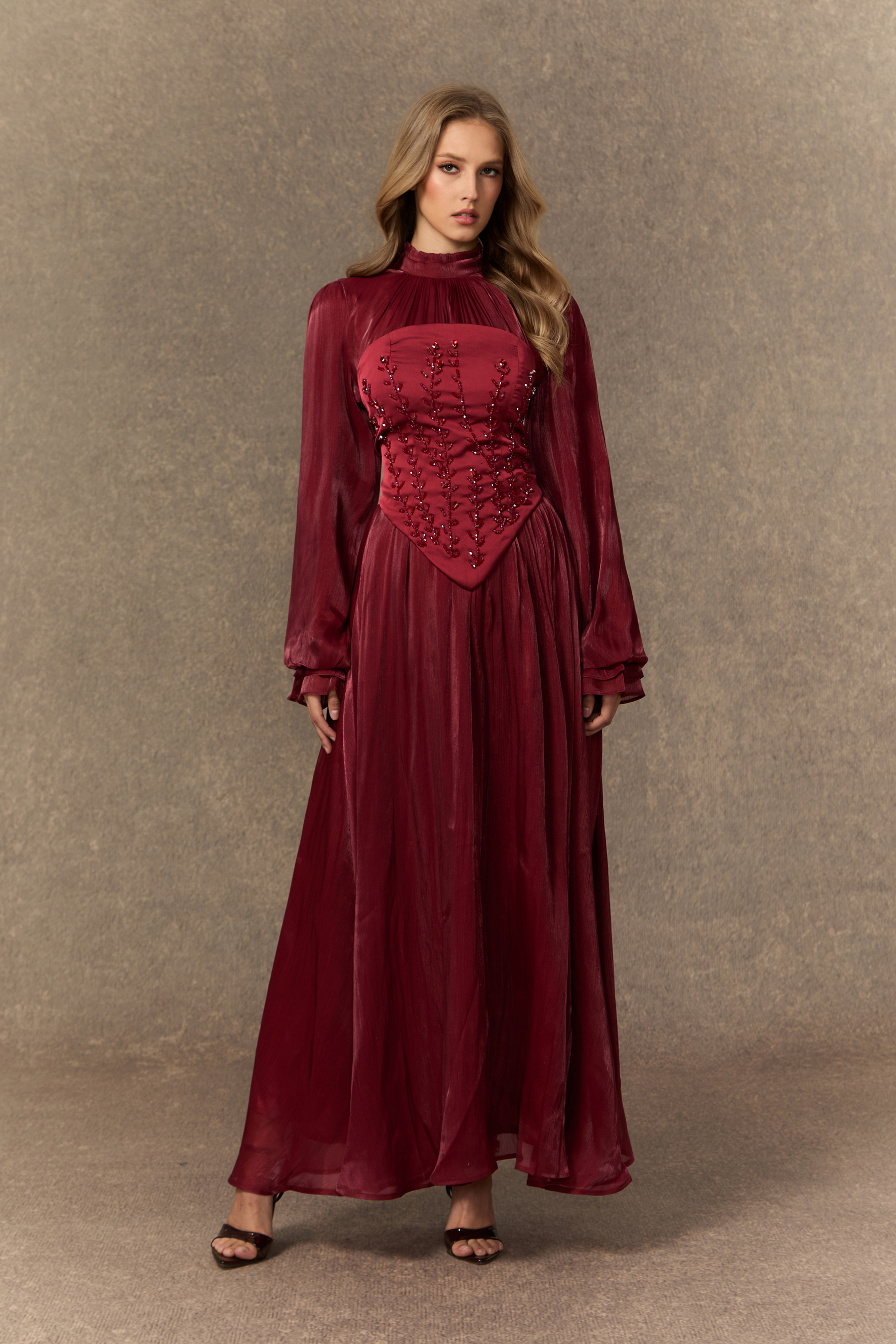 Composed Elegance Burgundy Bead Embroidered Corset Maxi Dress