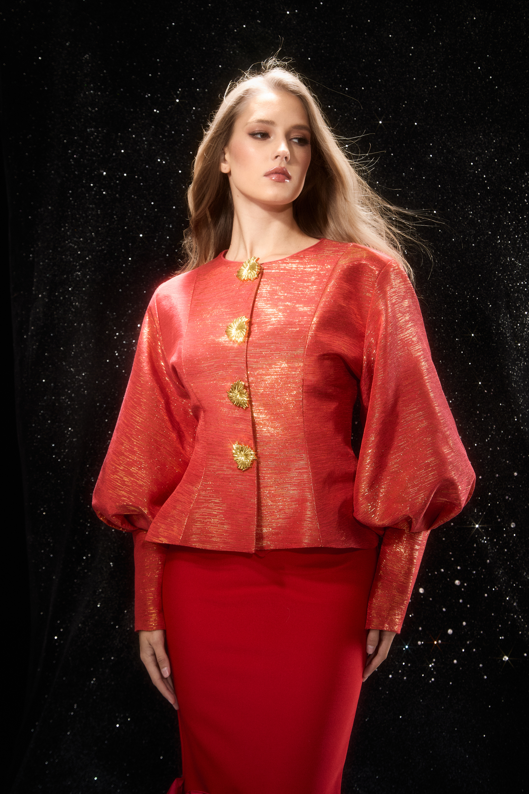 Love Emotions Red Puff Sleeve Embellished Button Jacket