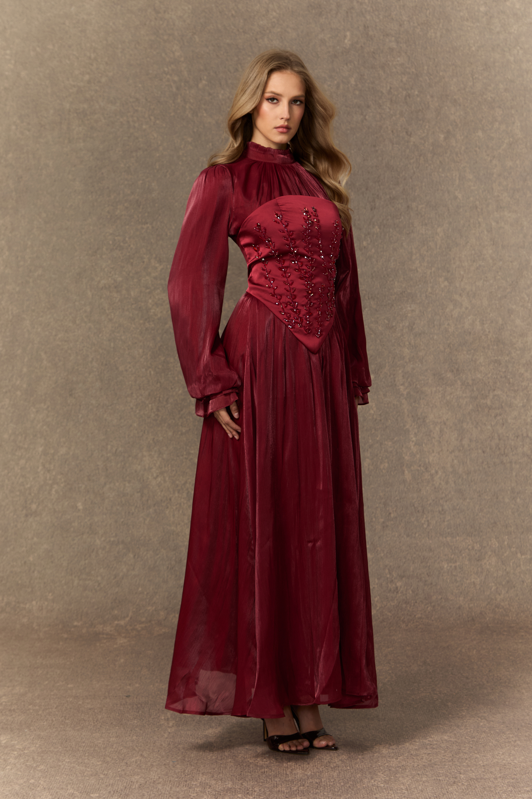 Composed Elegance Burgundy Bead Embroidered Corset Maxi Dress