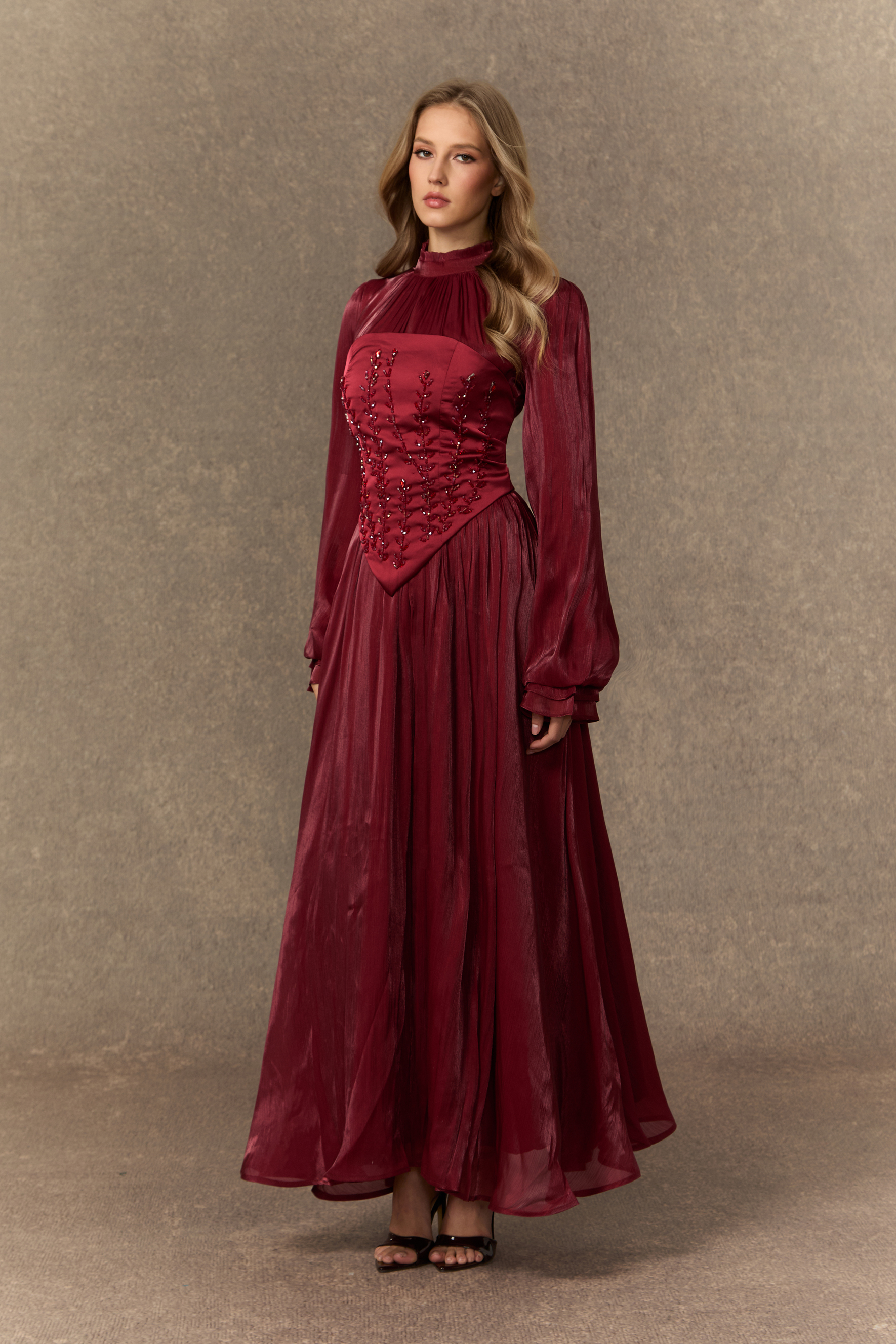 Composed Elegance Burgundy Bead Embroidered Corset Maxi Dress